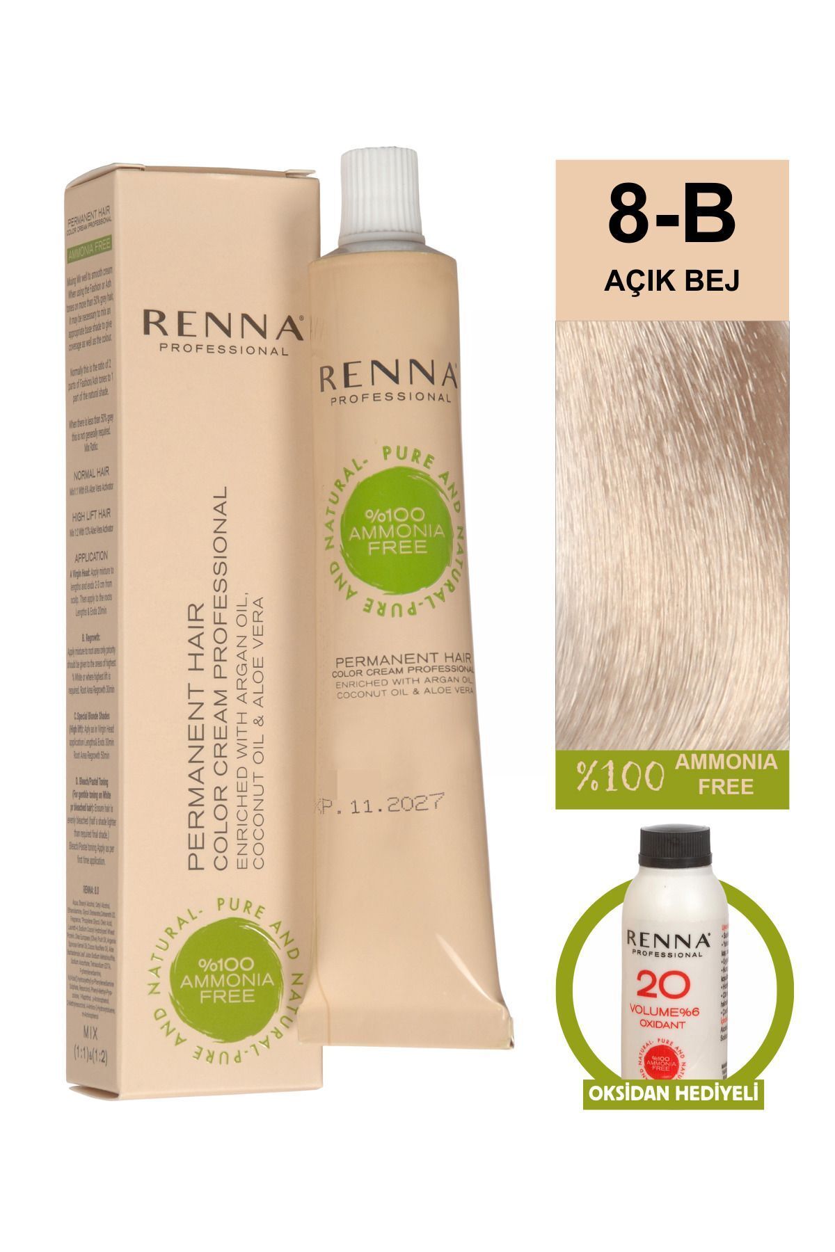Renna AMONYAKSIZ Bitkisel Yıpranmış Saçlar İçin Saç Boyası 8-B AÇIK BEJ 60ml