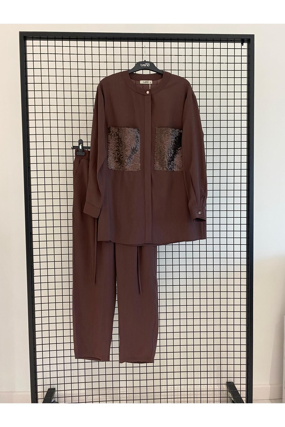 Armine TREND Hakim Yaka Düğmeli Göğüs Cepli Düğmeli Tunik Ve Boru Paça Kumaş Pantolon Alt-Üst Takım