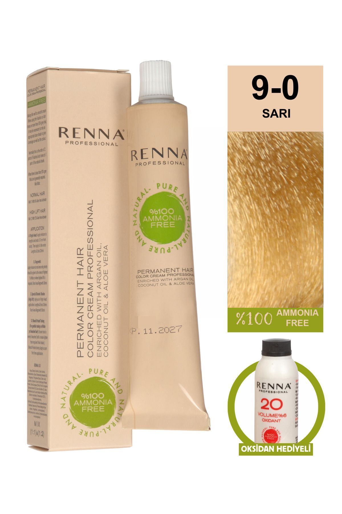 Renna AMONYAKSIZ Bitkisel Yıpranmış Saçlar İçin Saç Boyası 9-0 SARI 60ml