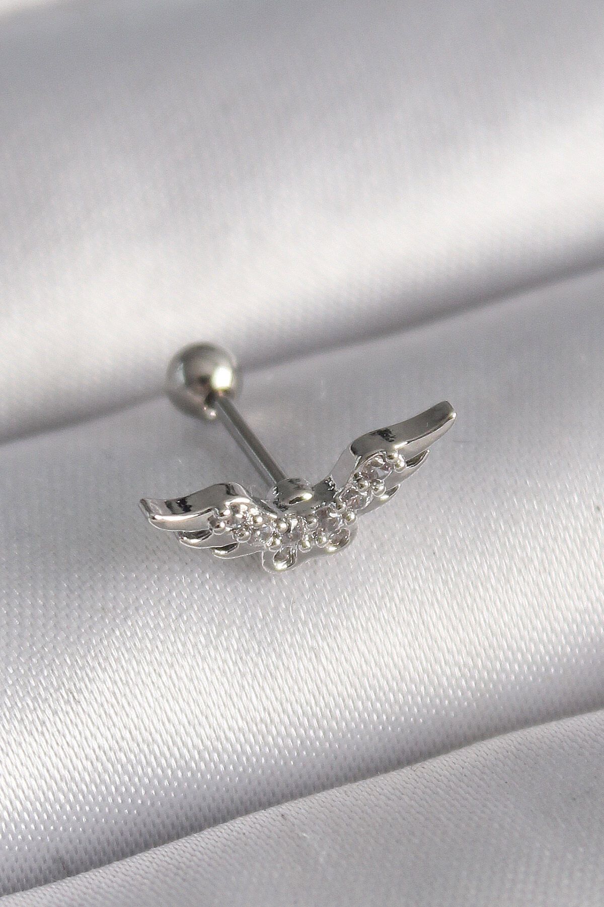 melfxxl eticaret 316L Çelik Gümüş Renk Zirkon Taş Detay Kanat Model Tragus Piercing - Lisinya