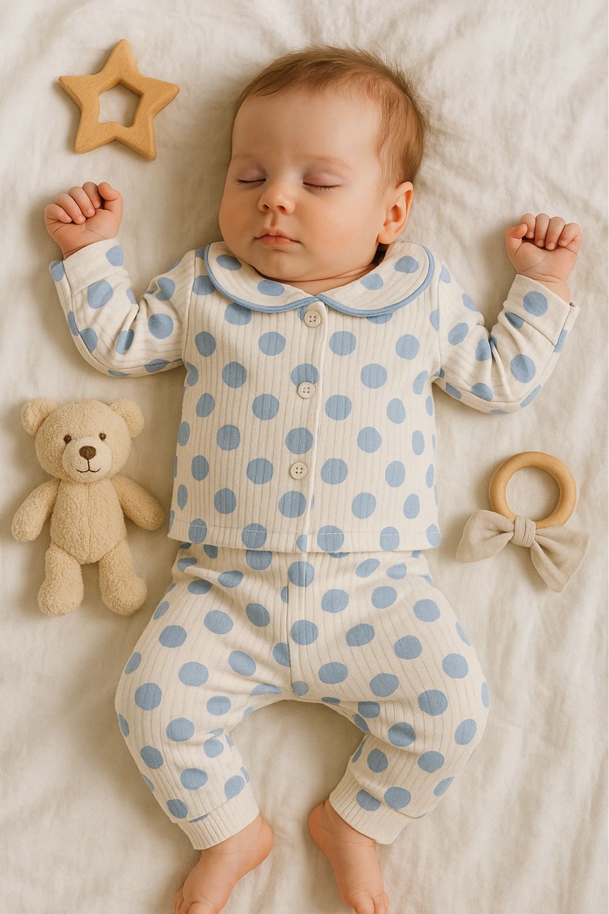 Çıldırıns Puantiyeli Raporlu Kumaş Unisex 2’li Bebek Pijama Takım