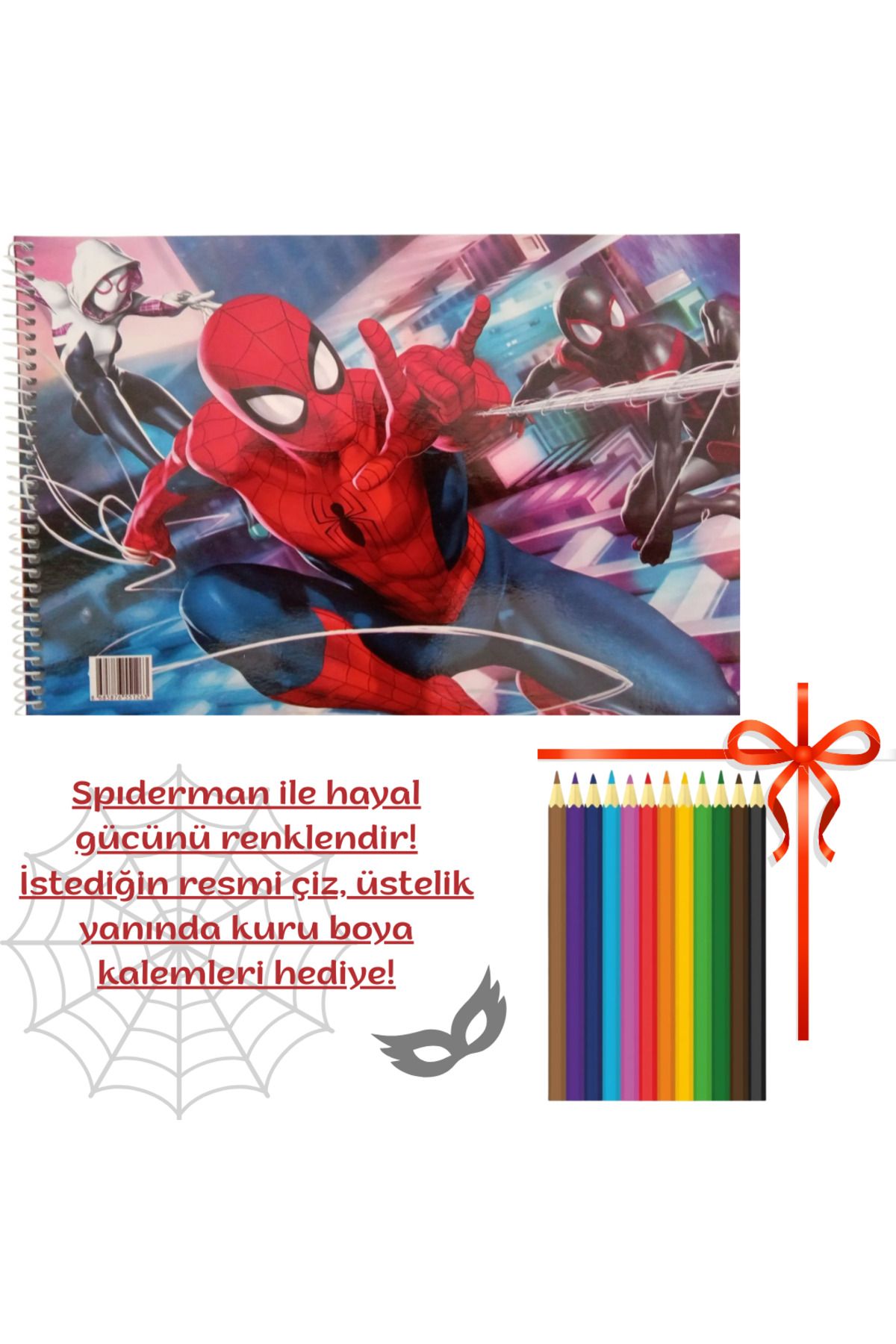 booddie Resim Defteri 17*24 cm Örümcek Adam Spıder-man Küçük Boy 15 sayfa 12'li Kuru Boya Hediyeli Set
