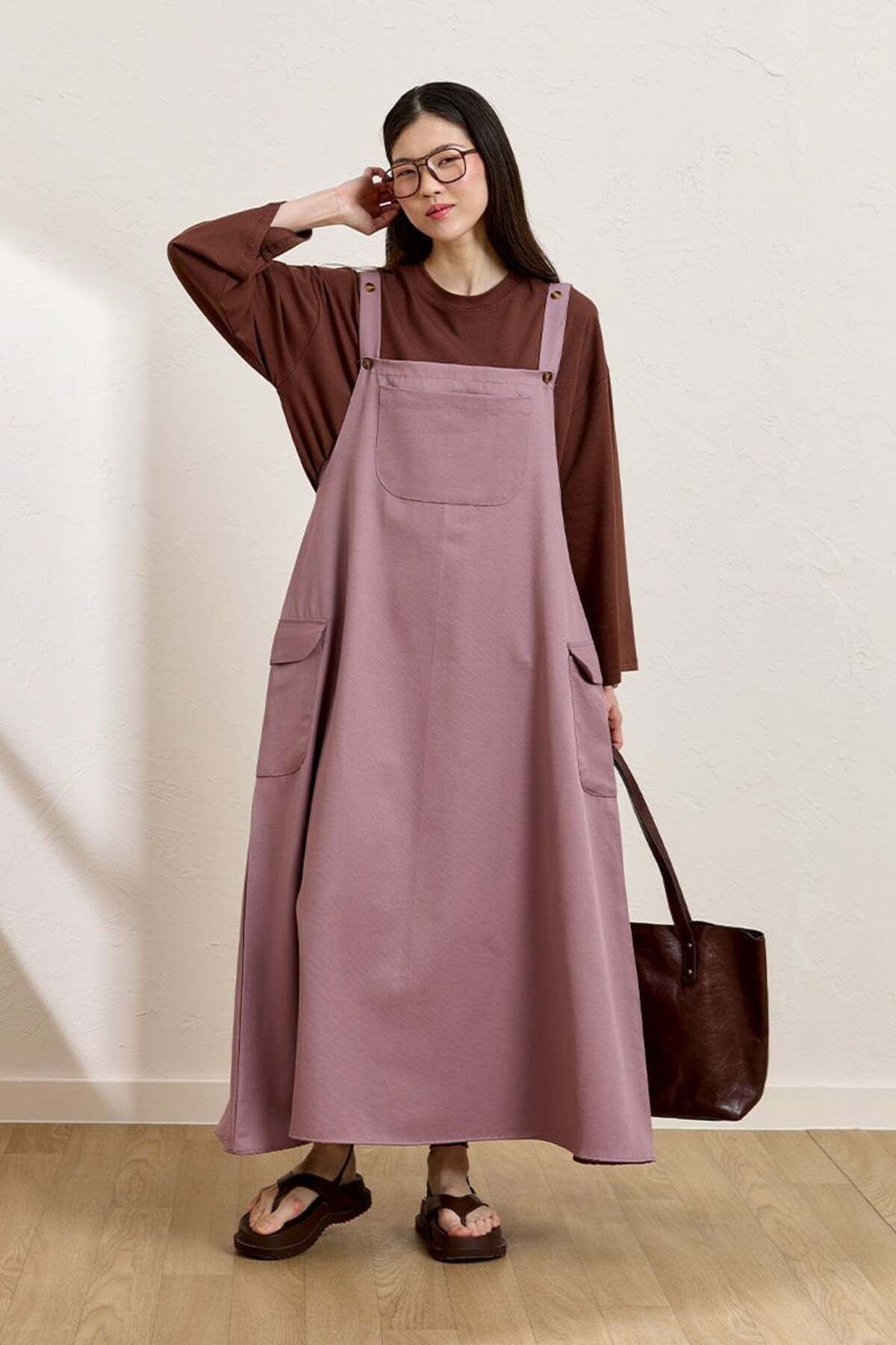 Ceylan Otantik Soft Lila Keten Etekli Salopet & Acı Kahve Body Takım