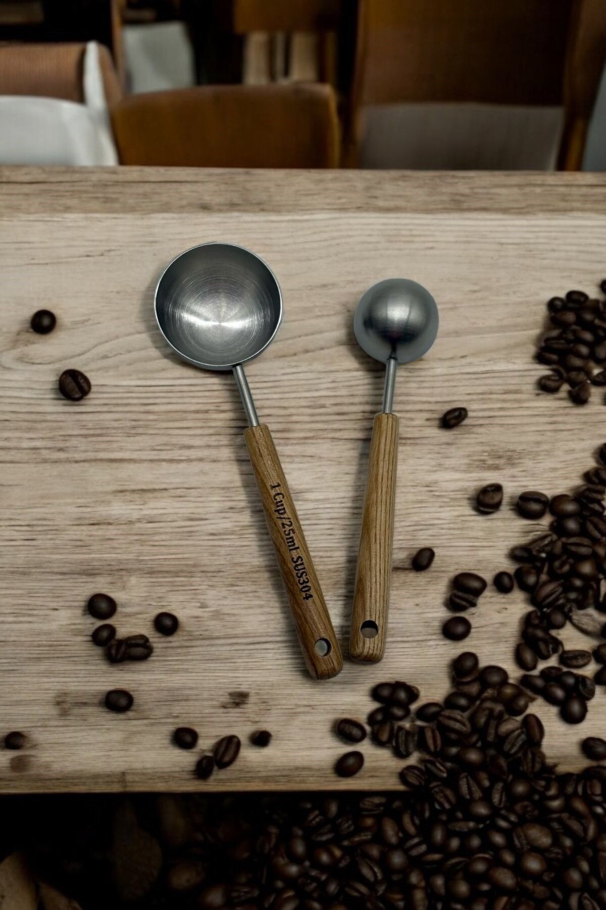 morponi-Set of 2 Measuring Spoons with Wooden Handle 8 ml - 25 ml Silver 2