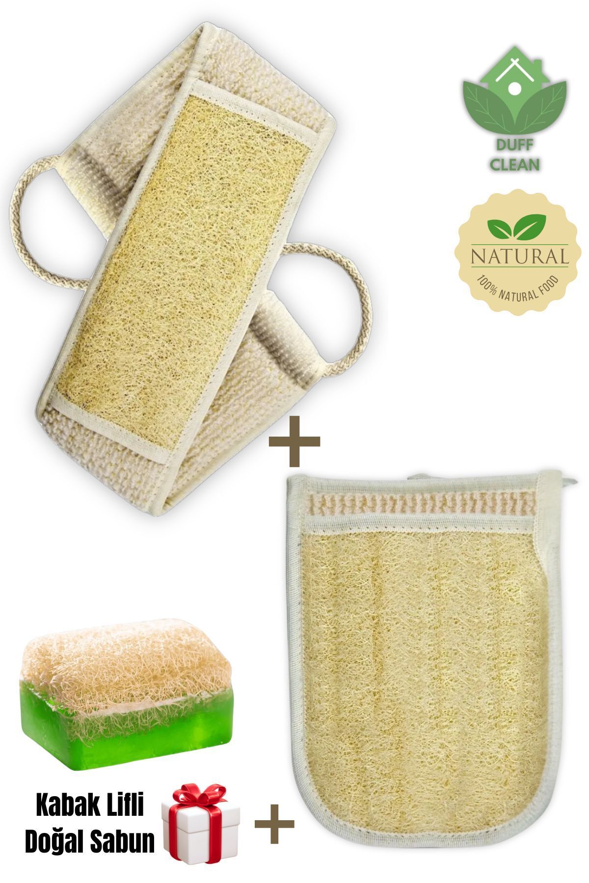 DUFF CLEAN Uzun Kabak Lifi Banyo Sırt Kesesi ,75 Cm + Çift Tarafli Kesesi, Banyo Eldiveni 100% Doğal + HEDİYE