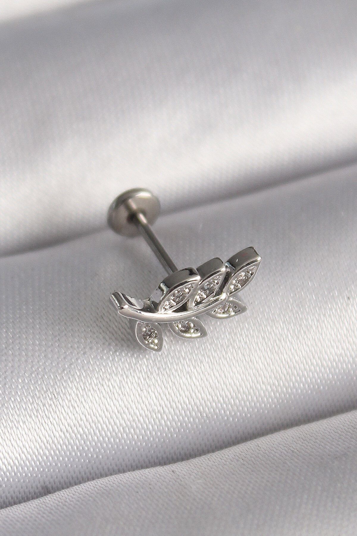 melfxxl eticaret 316L Çelik Gümüş Renk Dal Model Zirkon Taş Detaylı Tragus Piercing - Lisinya