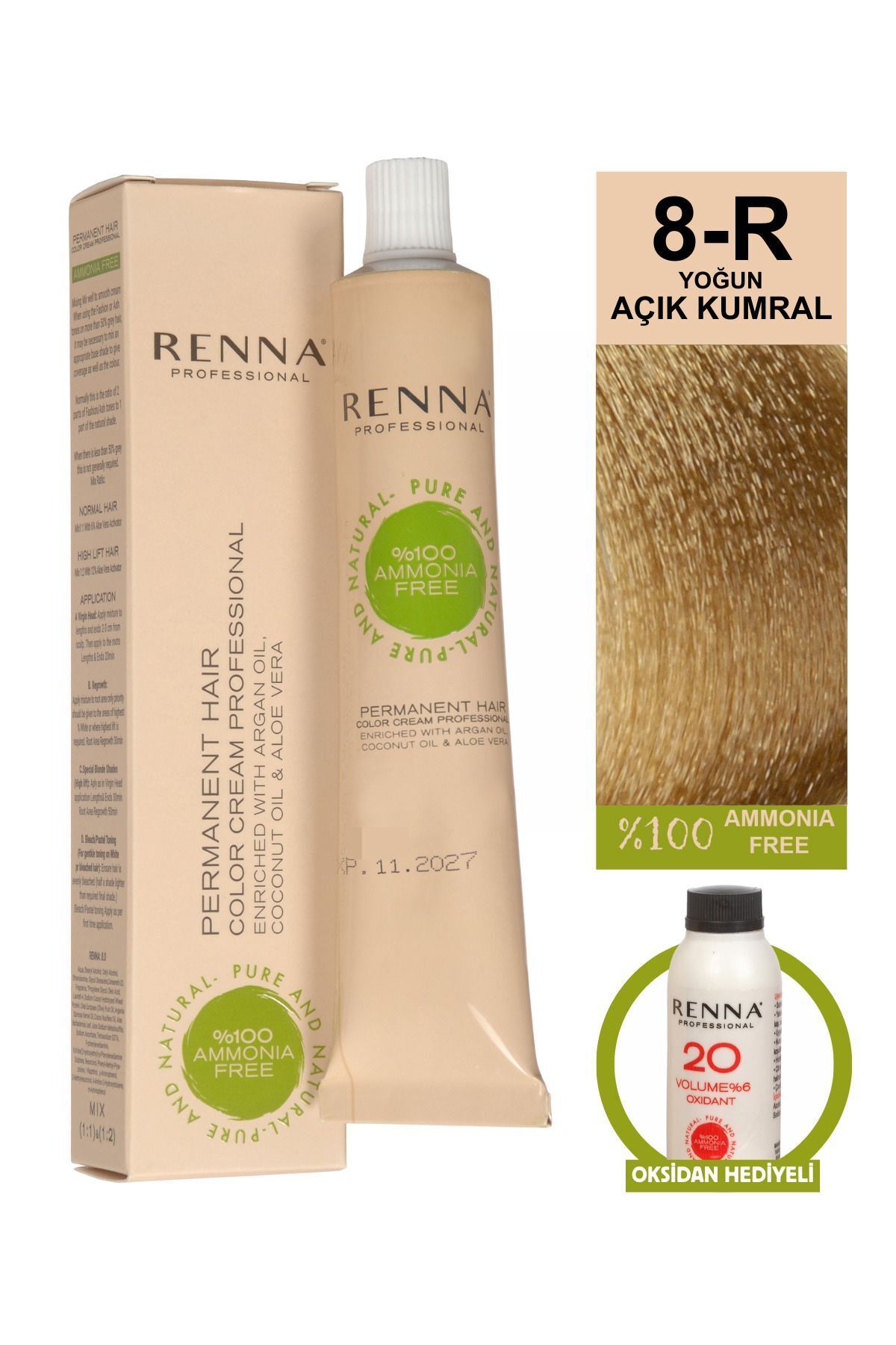 Renna AMONYAKSIZ Bitkisel Yıpranmış Saçlar İçin Saç Boyası 8-R YOĞUN AÇIK KUMRAL 60ml