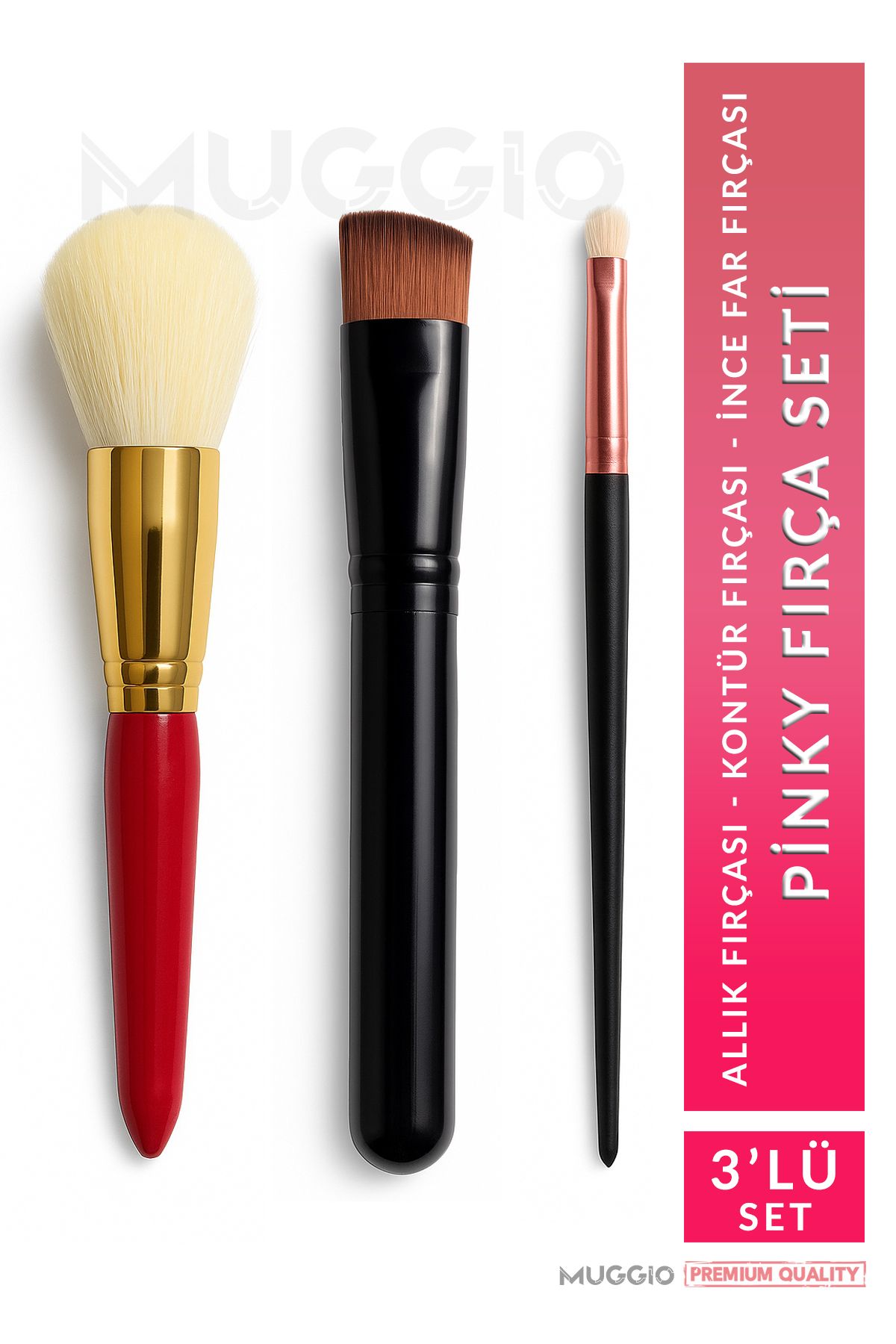 Muggio Pinky 3'lü Premium Makyaj Fırça Seti Allık - Kontür - İnce Far Fırçası