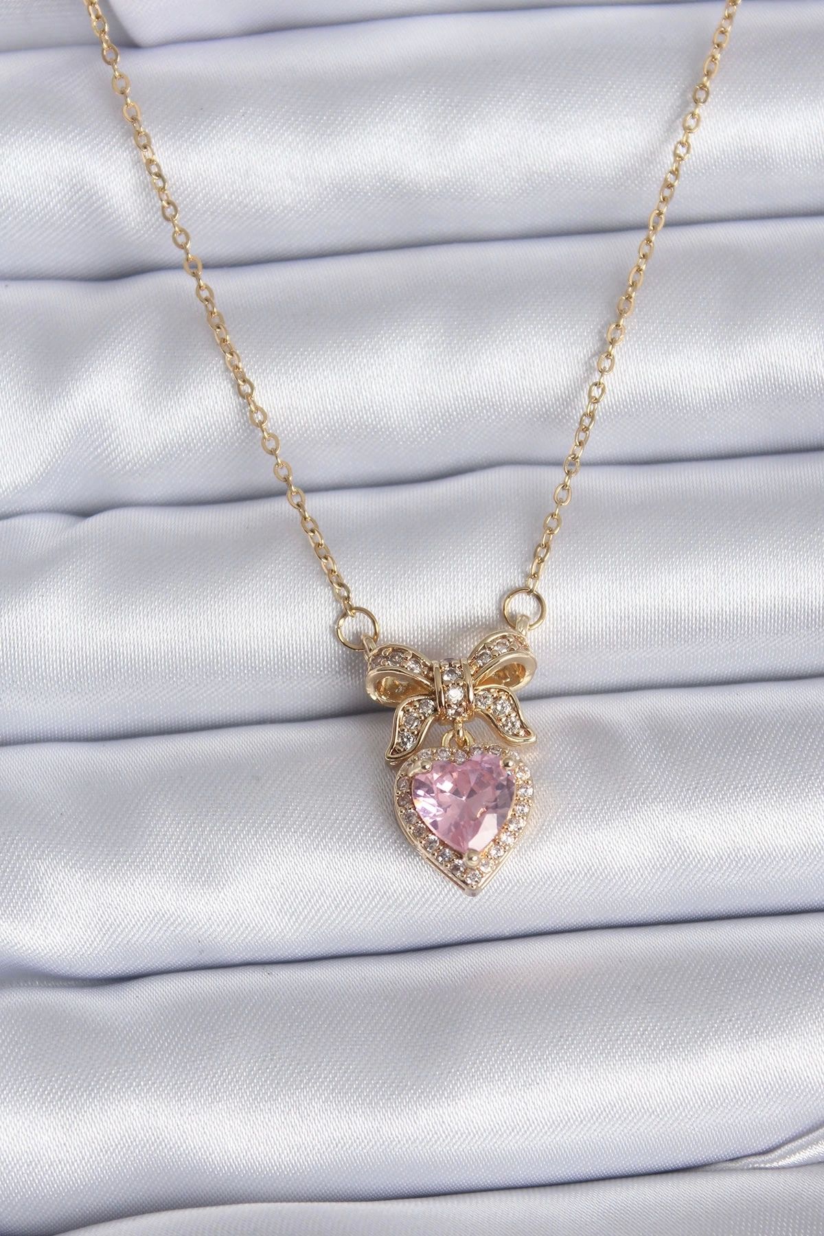 Clariss 316L Çelik Gold Zincir Pembe Kristal Kalp Model Zirkon Taşlı Kurdele Model Kadın Kolye