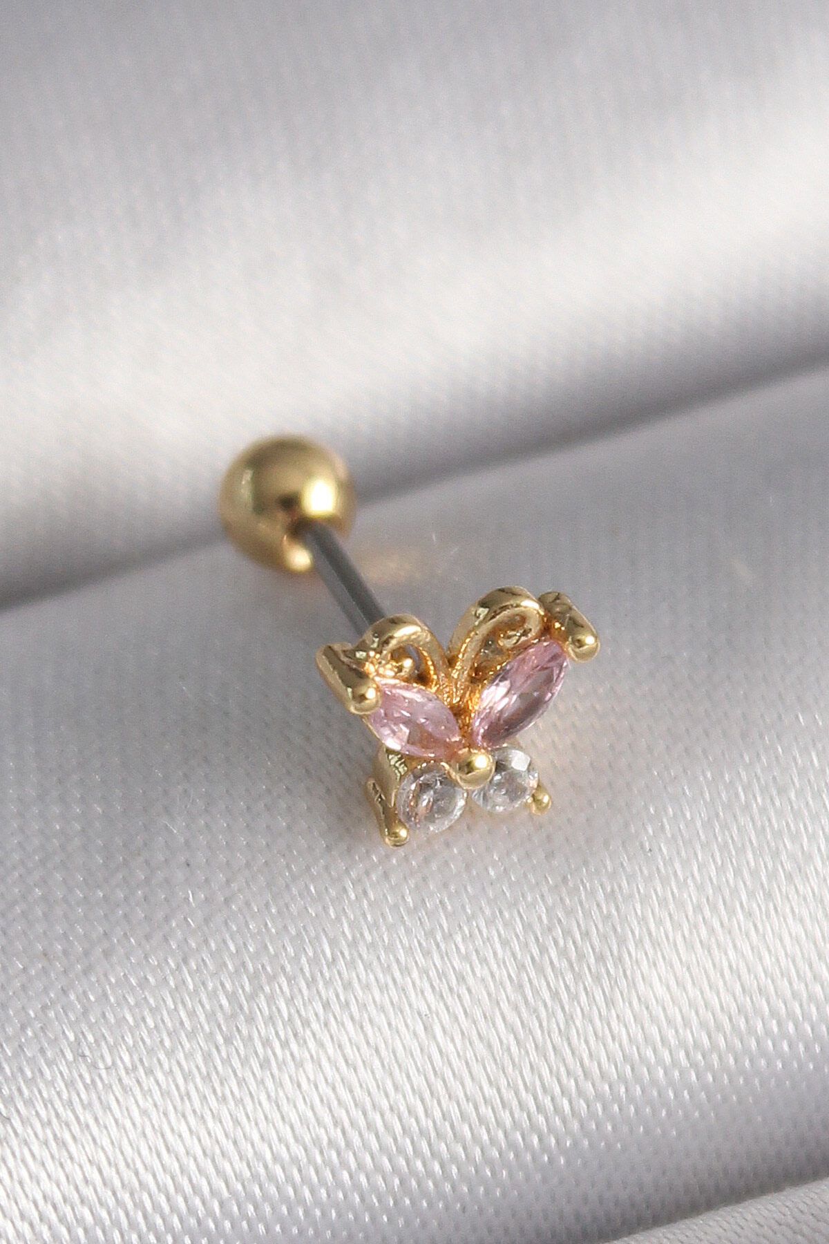 melfxxl eticaret 316L Çelik Gold Renk Pembe Zirkon Taşlı Kelebek Tragus Piercing - Lisinya