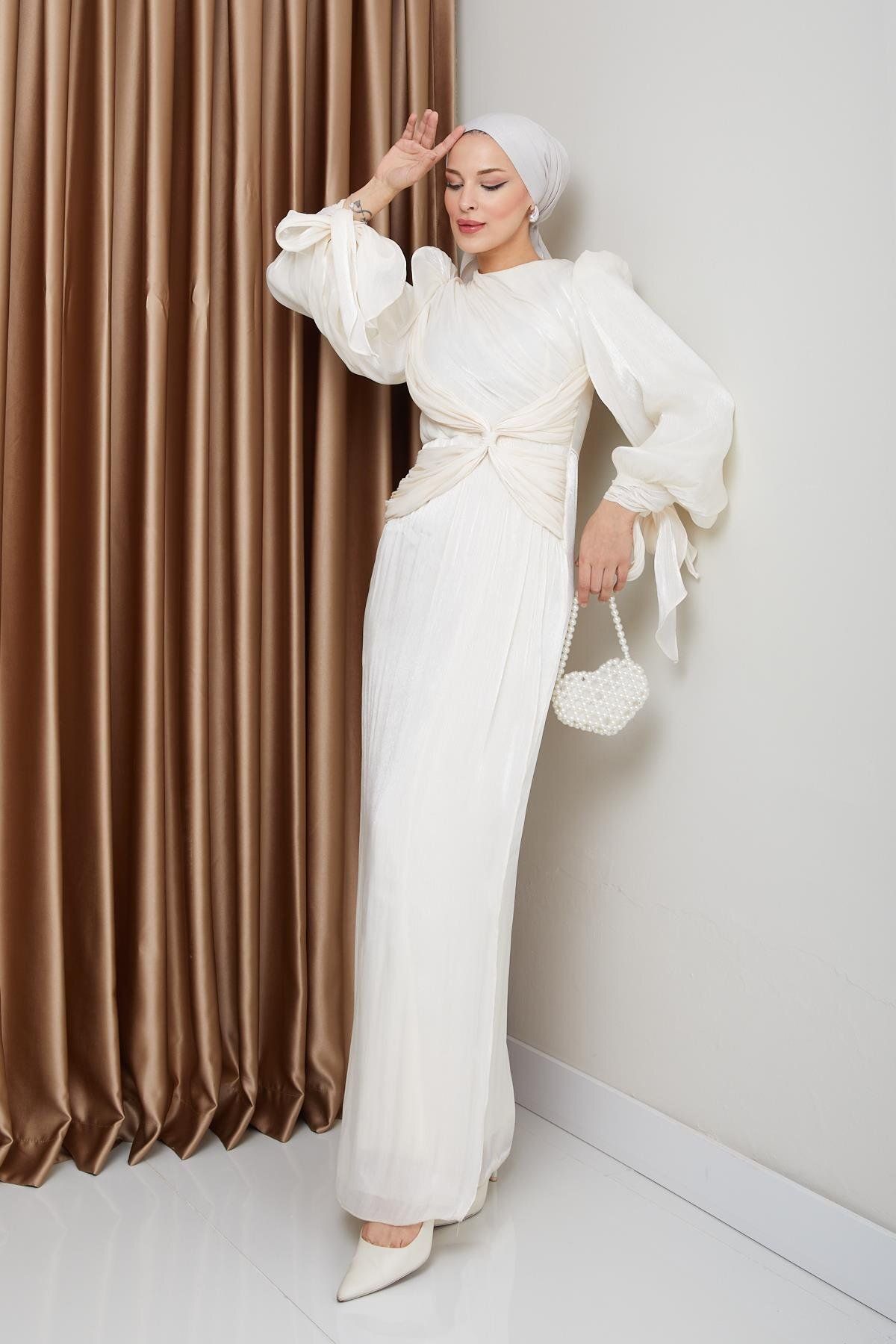 Olcay-Yoryo Seiden-Hijab-Abendkleid – Volant, Schleife und Ärmel, Schnürung, EKRU 1224 6