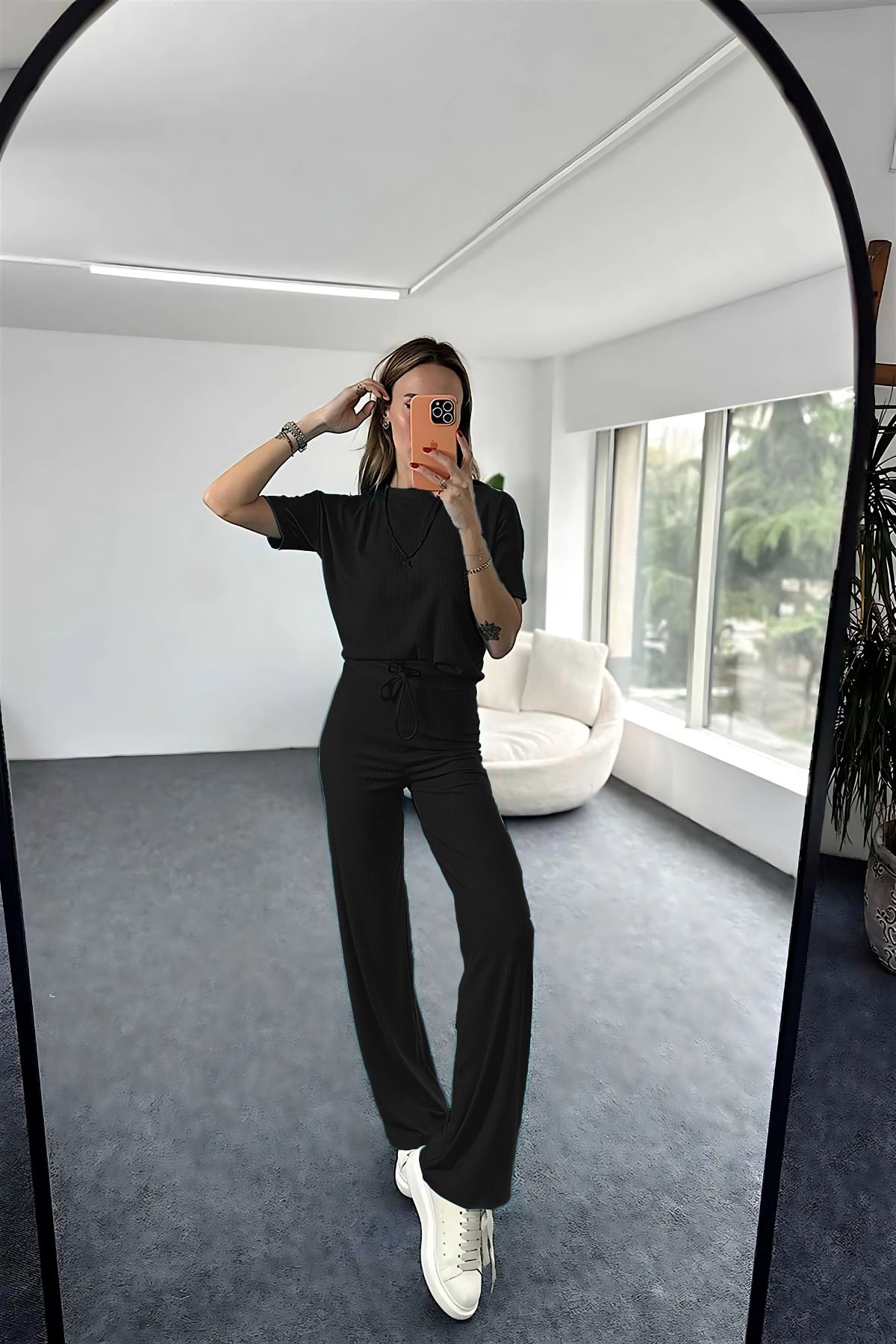 CMZ COLLECTİON Rahat Fit Fitilli Kısa Kollu Kadın İkili Takım - ( Lacivert / Kahverengi / Siyah / Gri / Bej)