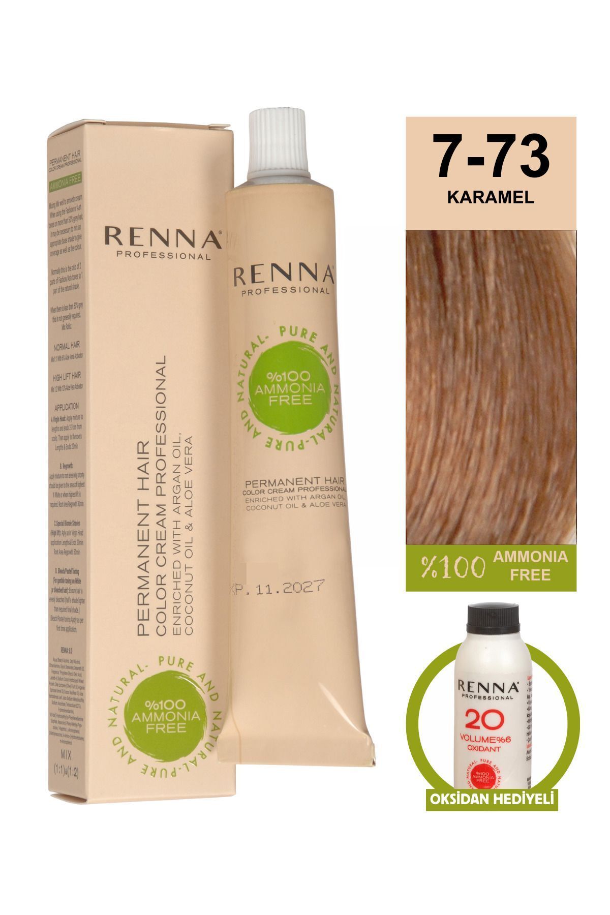 Renna AMONYAKSIZ Bitkisel Yıpranmış Saçlar İçin Saç Boyası 7-73 KARAMEL 60ml