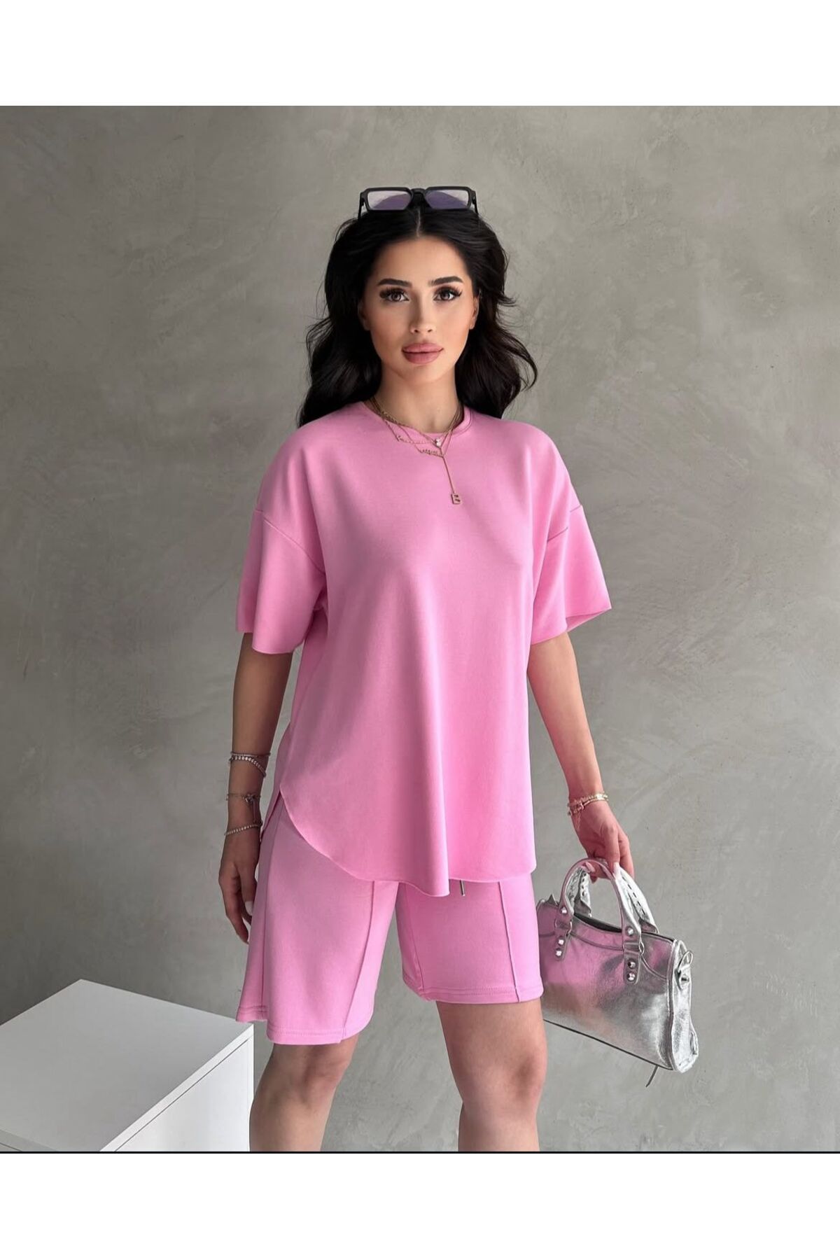 Moda Küpü Modal Kumaş Oversize Kısa Kollu Kadın Eşofman Takımı, Şortlu, Bağcıklı Yumuşak Kumaş, Modern Tasarım