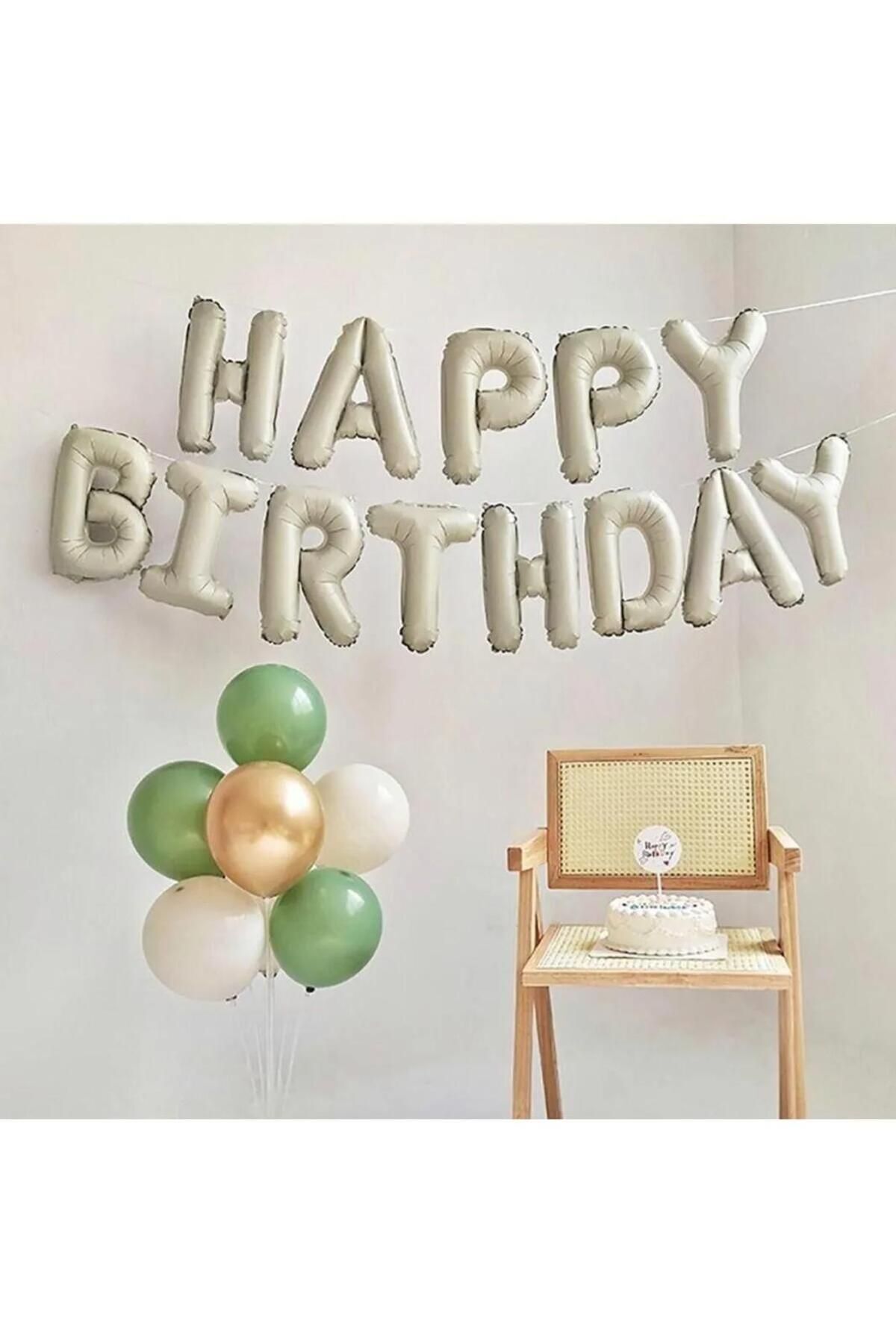 DOĞA PARTİ EVİ Retro Krem Renk Happy Birthday Harf Folyo Balon Doğumgünü Seti