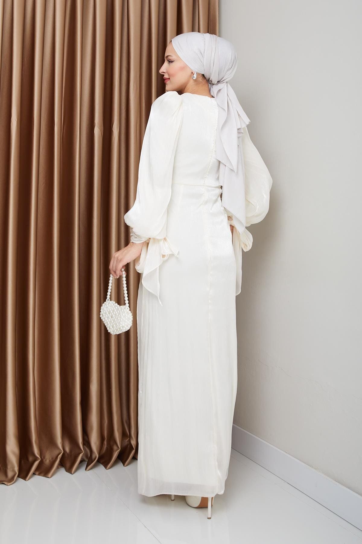 Olcay-Yoryo Seiden-Hijab-Abendkleid – Volant, Schleife und Ärmel, Schnürung, EKRU 1224 7