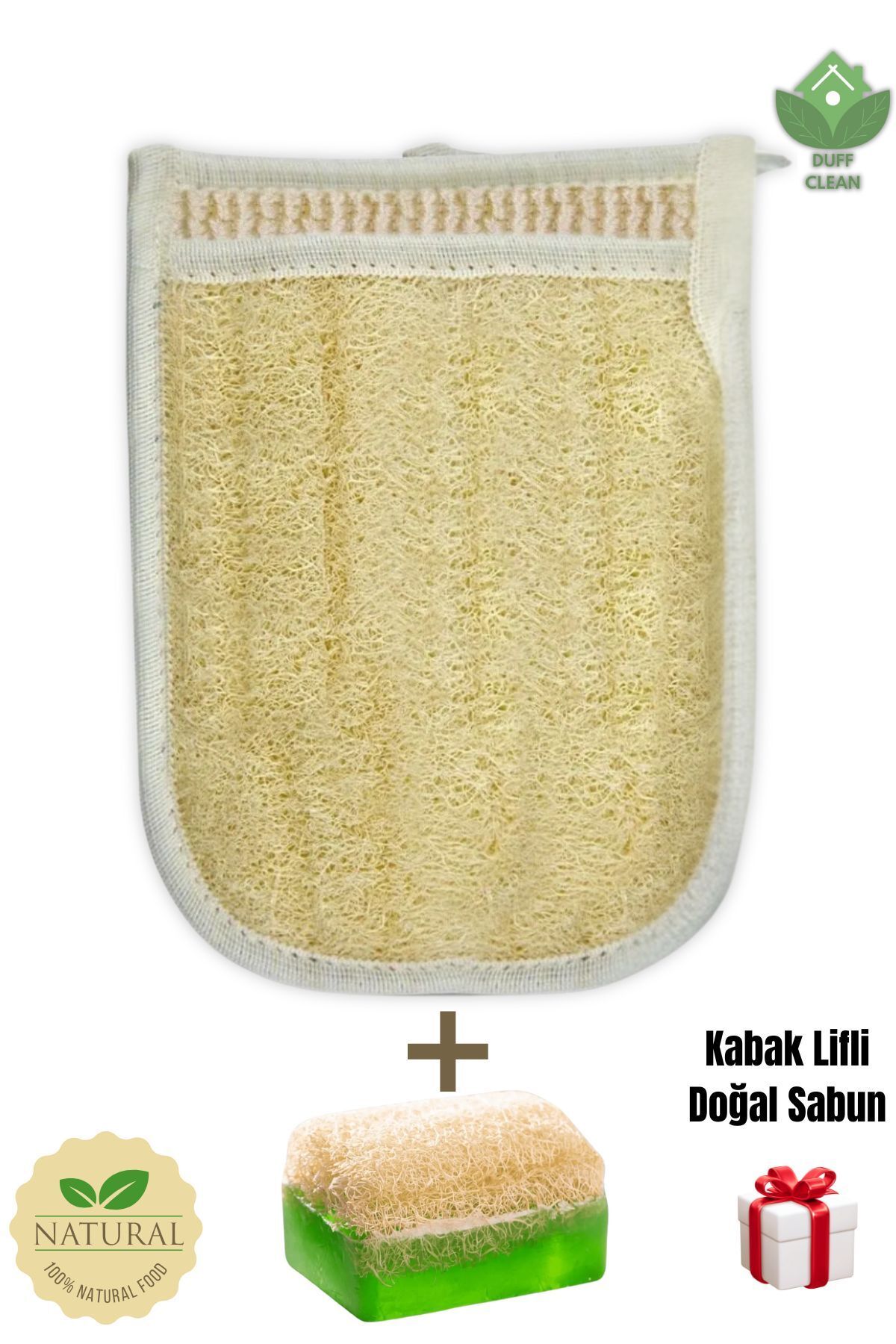 DUFF CLEAN Çift Tarafli Doğal Kabak Kesesi, Banyo Eldiveni, 24 X 17 (Cm)+Kabak Lifli Doğal Sabun HEDİYE