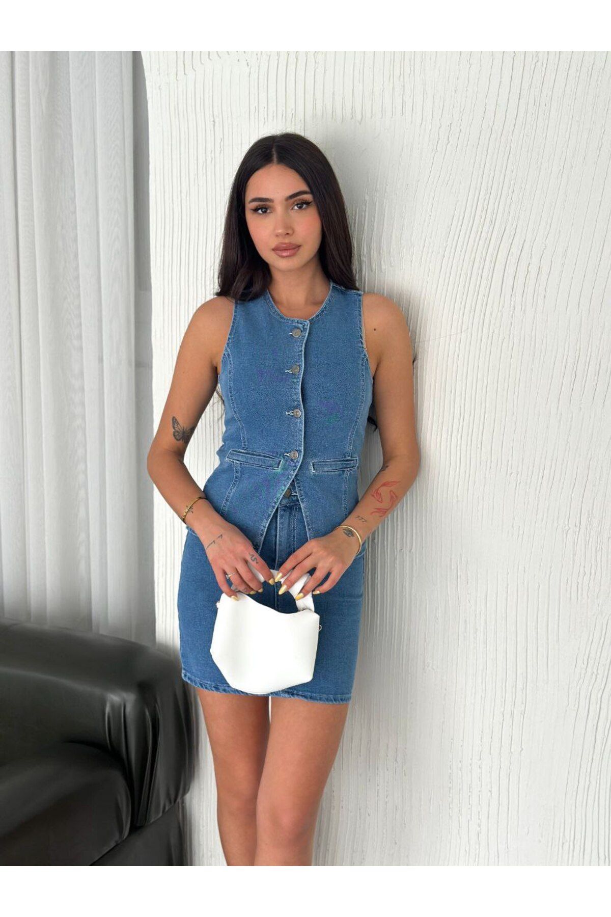 MODA Kot Denim Kumaş Yelekli Etekli Takım