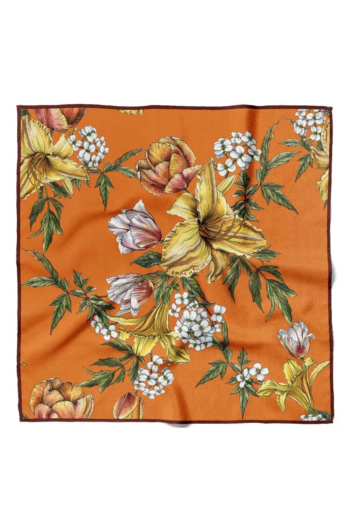 Modabutik Bandana De Dama Cu Model Floral 50x50 Portocaliu Galben Alb Dg0477-22 Snz Femeie - 50 x 50