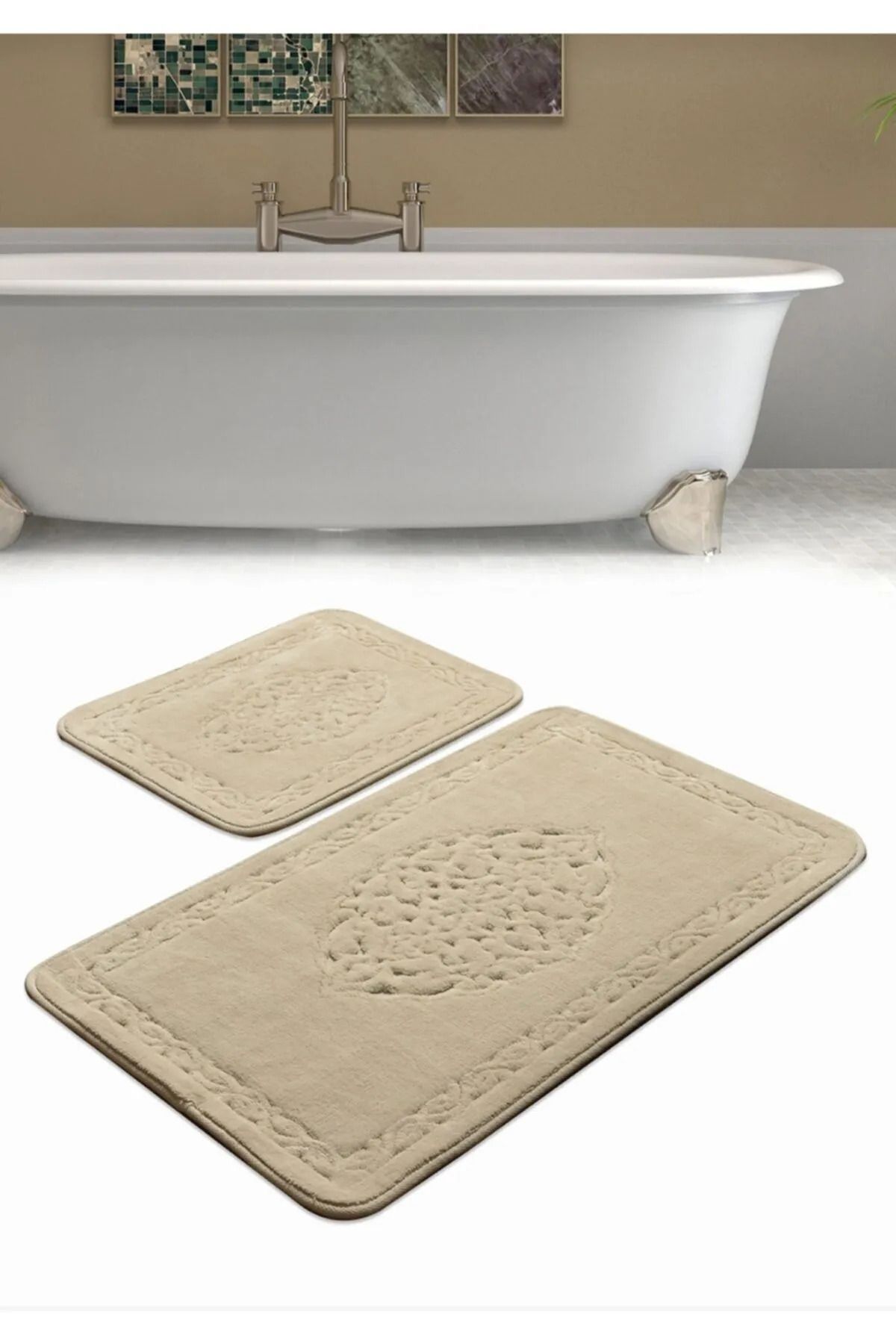 Çelsa Home Pamuklu 2'li Düz Kenar Banyo Paspas Takımı Damask Desen Bej