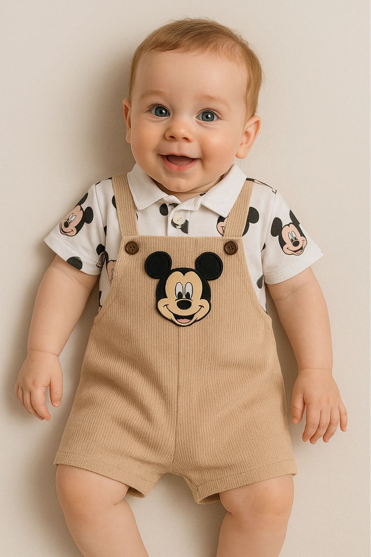 BEBEYOGİ Bebek Salopet Mickey Baskılı T-shirt 6-24 Ay Krem