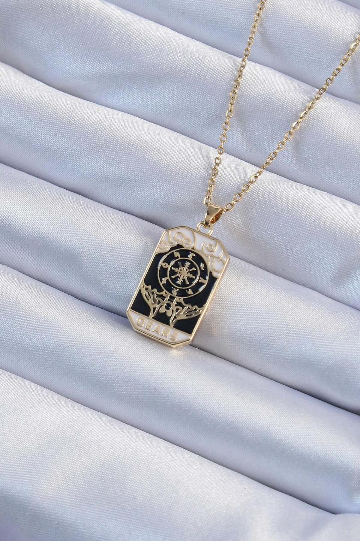 Aylis Takı Tasarım 316L Çelik İşlemeli Siyah Mineli Tarot Kolye