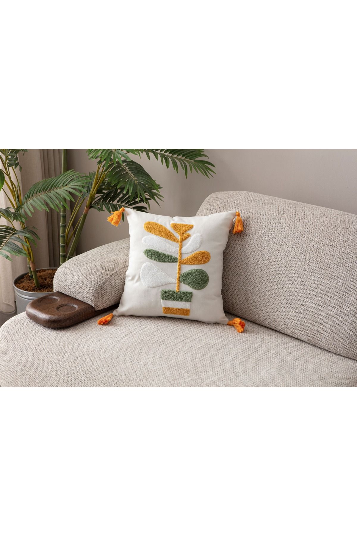 WoodyMaison Çiçek Desenli 4'Adet Kırlent Kılıfı Punch Comfort Panç Yastık Kılıfı, Püsküllü 43x43cm