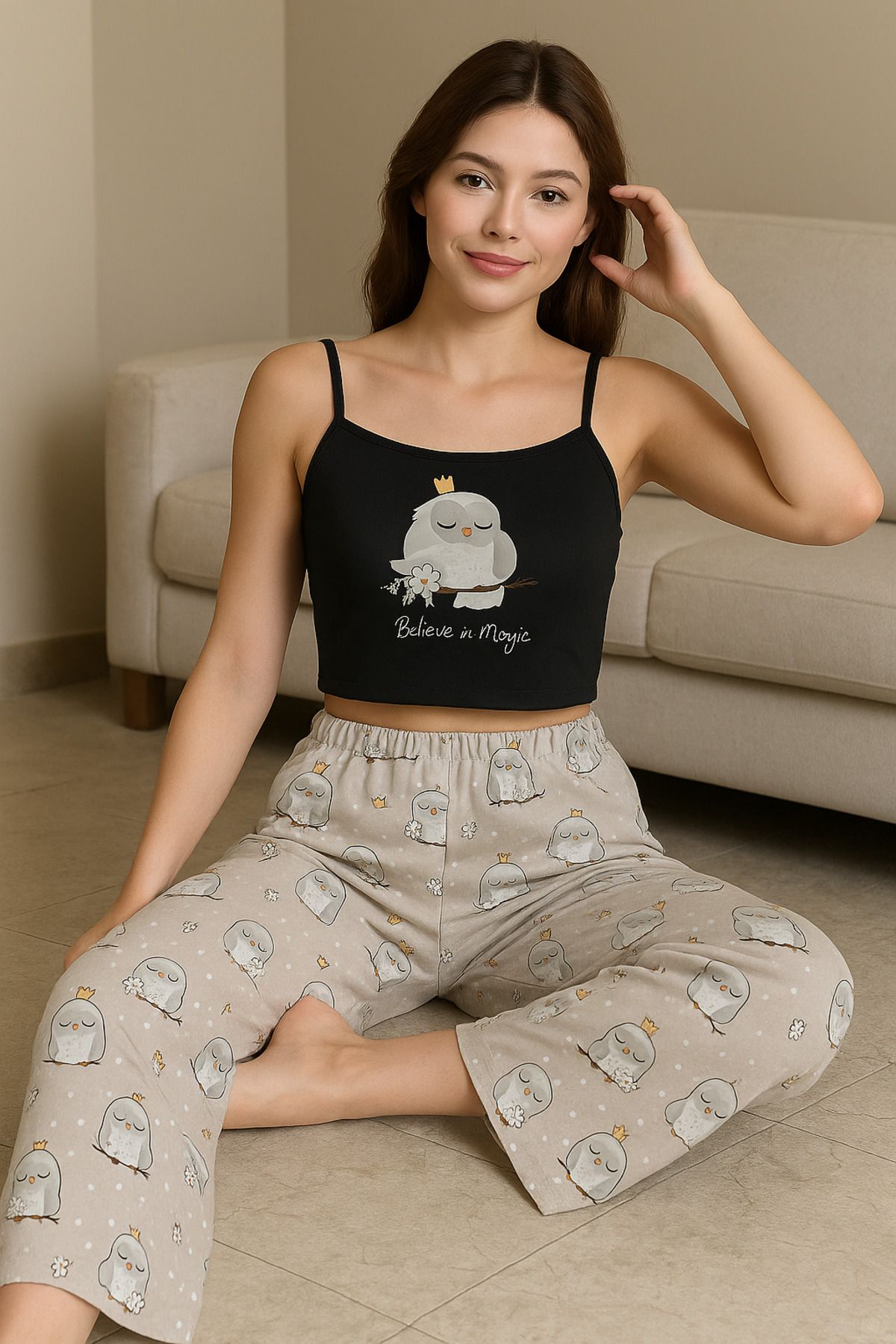 PEMBİŞ HOMEWEAR Bahd Owl7 Siyah Askılı Pijama Takımı