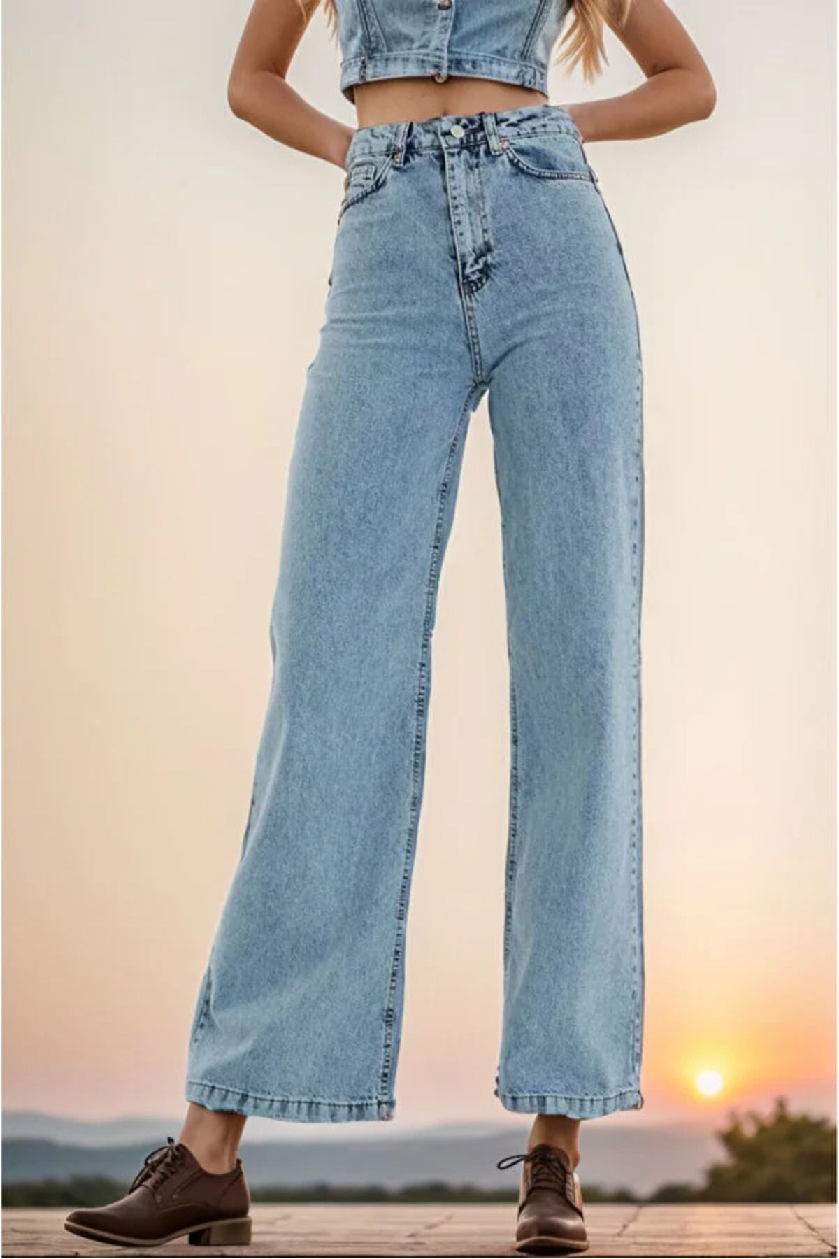 Livik Silver Kadın Palazzo Model Bol Paça Likralı Kot Pantolon