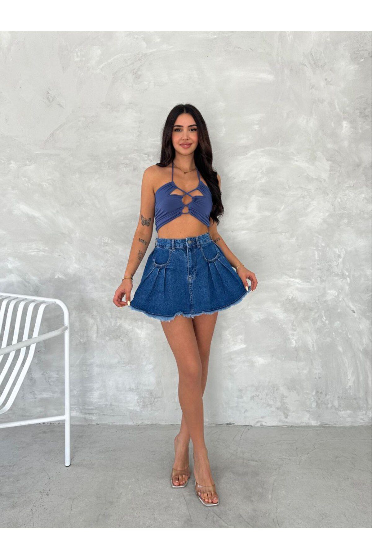 MODA Kot Kumaş Cepli Pileli Mini Etek