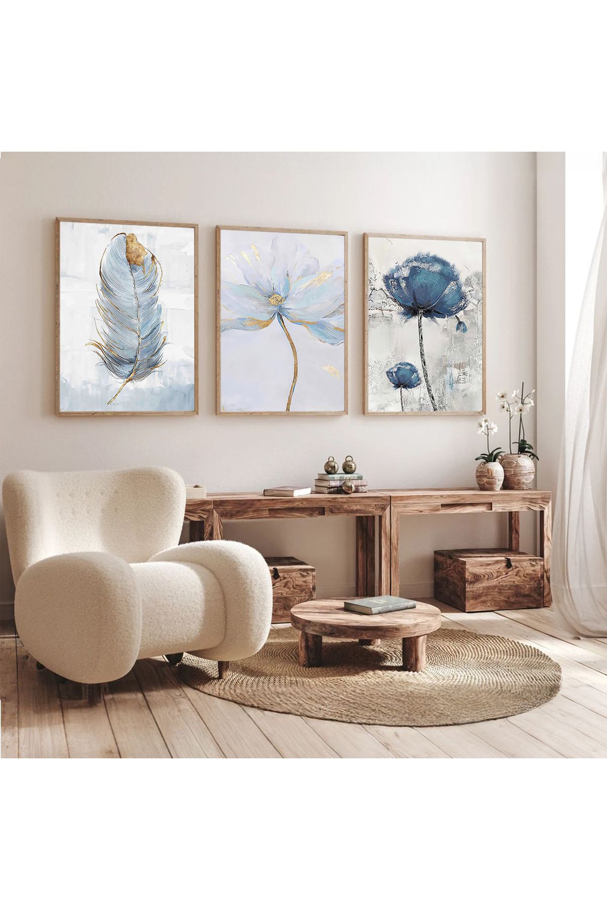 Dekorsiahome Üç Parça Ahşap Çerçeveli Oturma Odası Salon Mutfak Tablo Seti SET3148