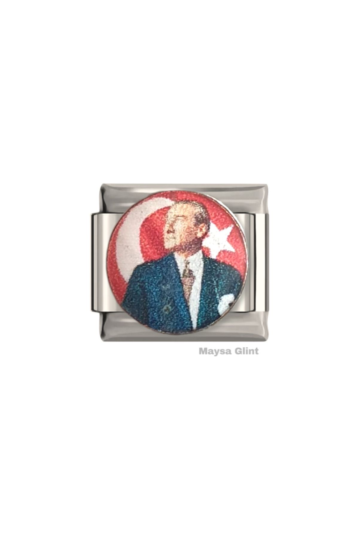 Maysa Glint Mustafa Kemal Atatürk Türk Bayrağı Father of Turk's Paslanmaz Çelik Charm İtalyan Bileklik Charmı