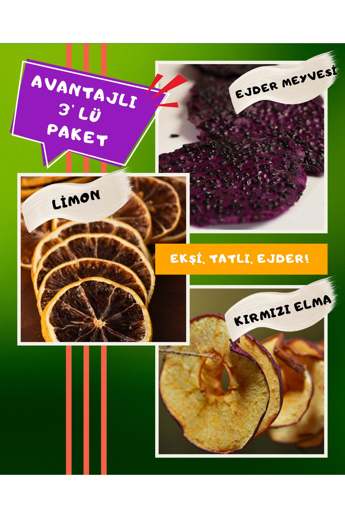 same food Ejder Meyvesi Limon Kırmızı Elma 3'lü Kurutulmuş Meyve Paketi - Katkısız, Şekersiz