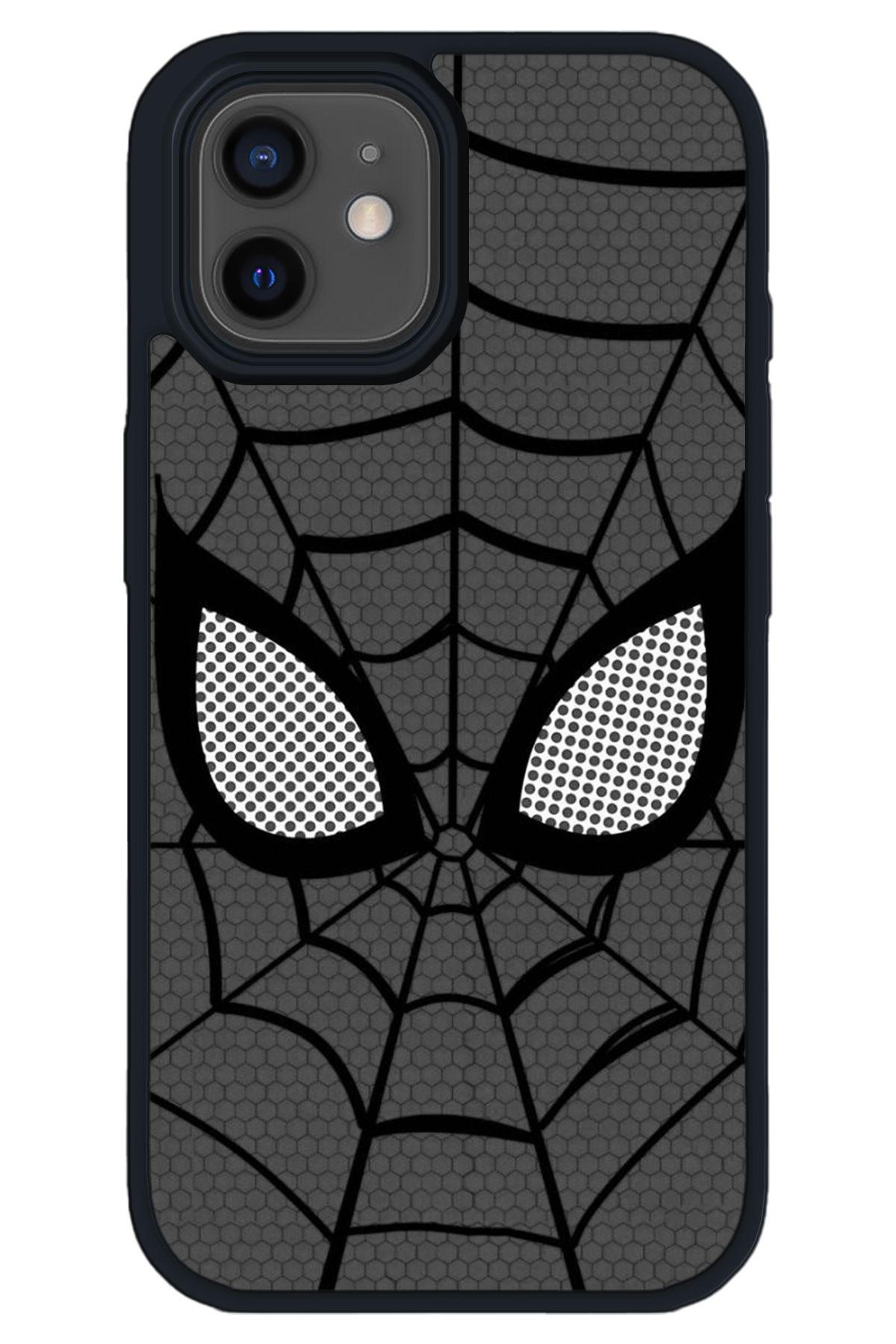 WANNA PROTECT iPhone 12 Siyah Siyah Spider Desenli Kamera Çıkıntılı İmpact Telefon Kılıfı
