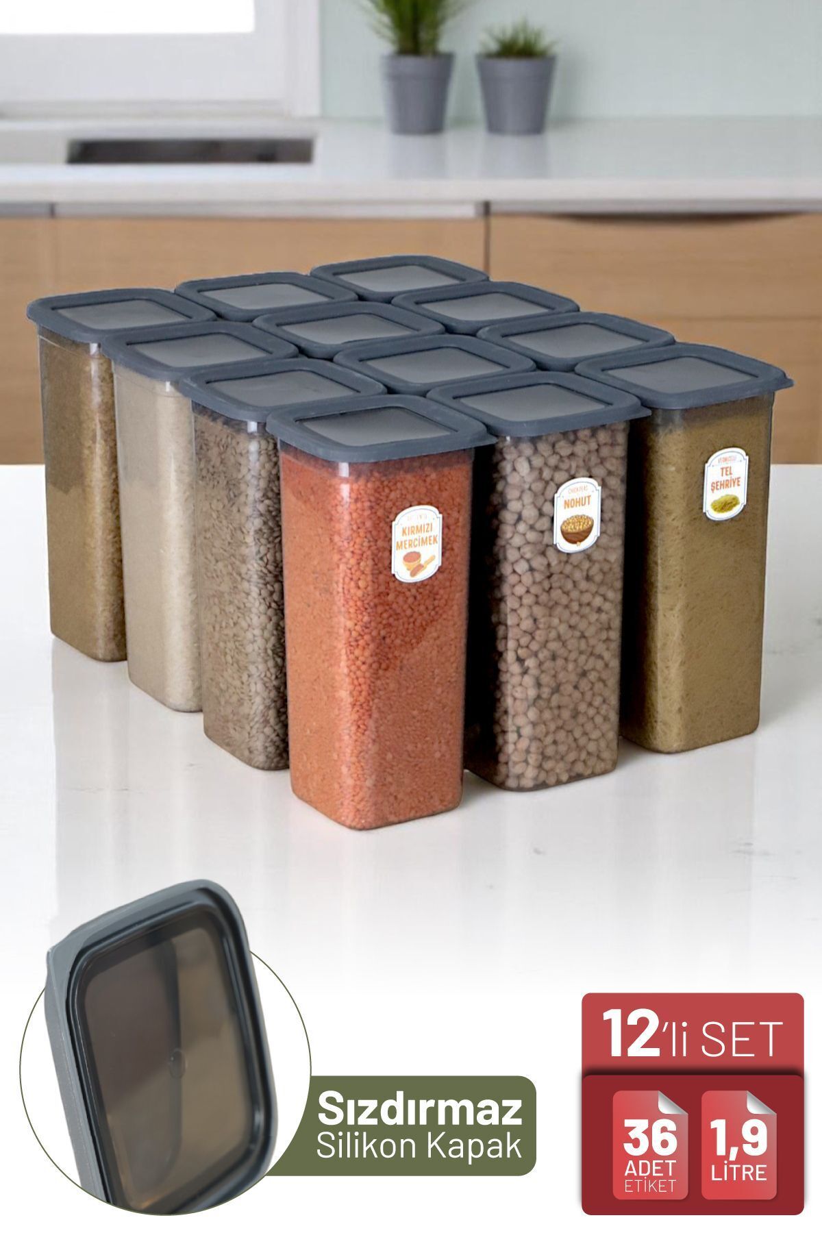 İronika 12'li Sızdırmaz Silikon Kapaklı Etiketli Jumbo Boy 1900 ml Kare Erzak Bakliyat Saklama Kabı Antrasit