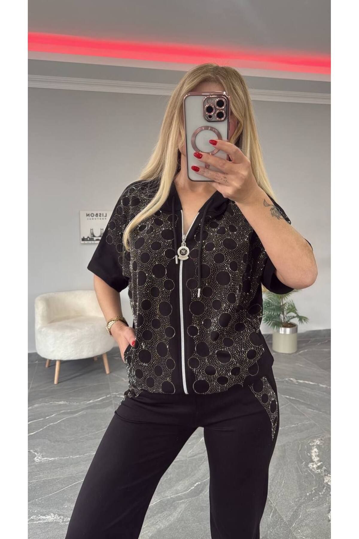 Bella Belluci Yeni Sezon Kapüşonlu Fermuarlı Taş Baskı Alt Üst Takım