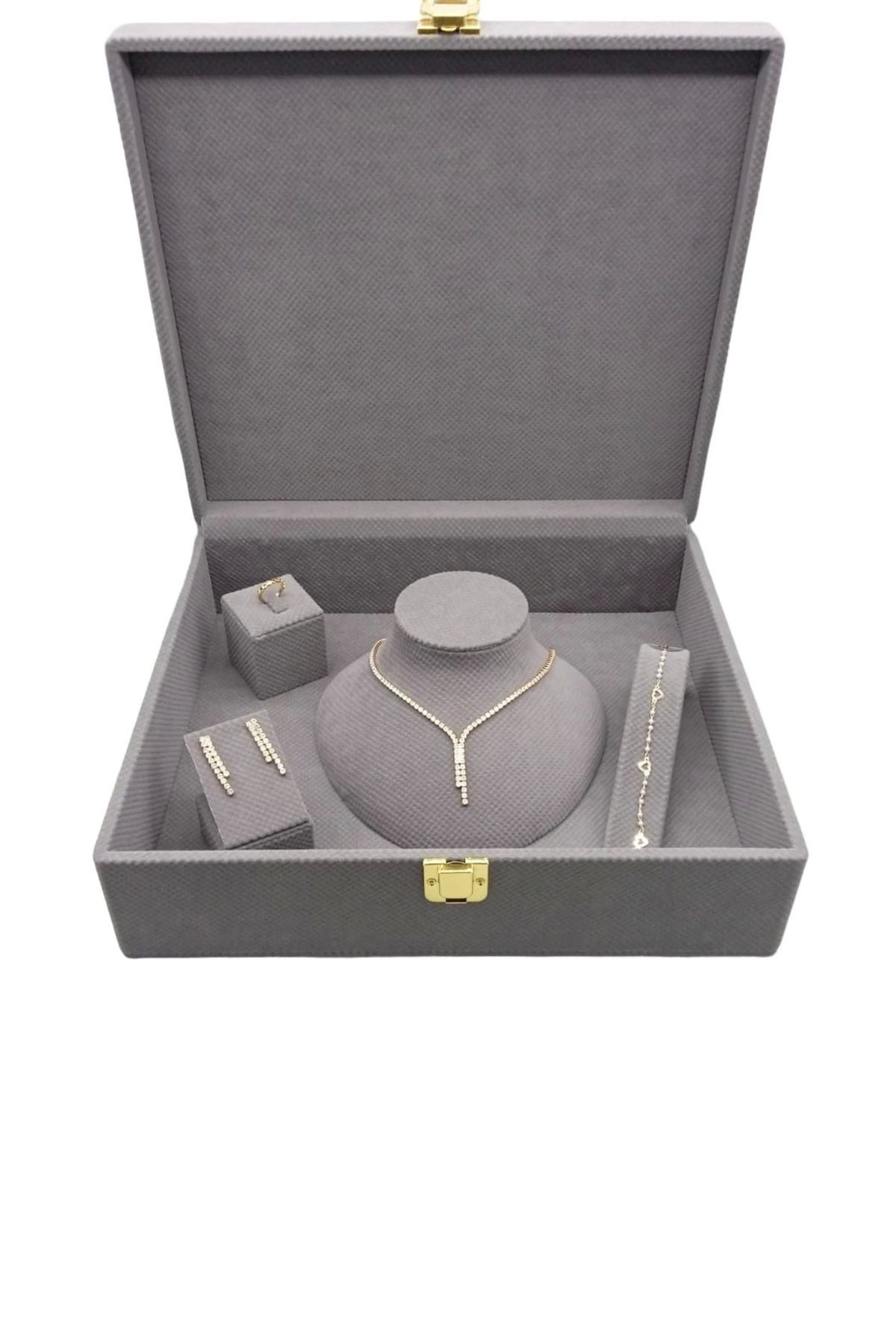 MeGass Dekor Keten Kumaş Gri Renk 35/30/10 cm Takı Sergileme Saklama Kutusu
