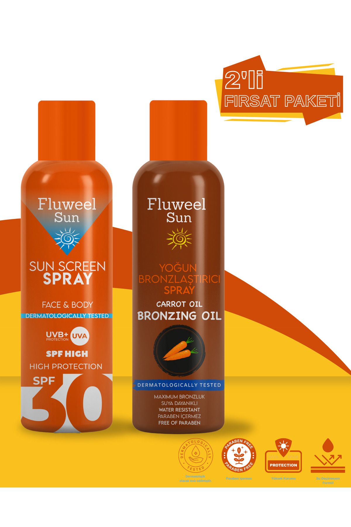 Fluweel Aerosol Güneş Koruyucu Sprey 30 Spf&Yoğun Bronzlaştırıcı Sprey Havuç Yağı 200 ml 2'li Paket