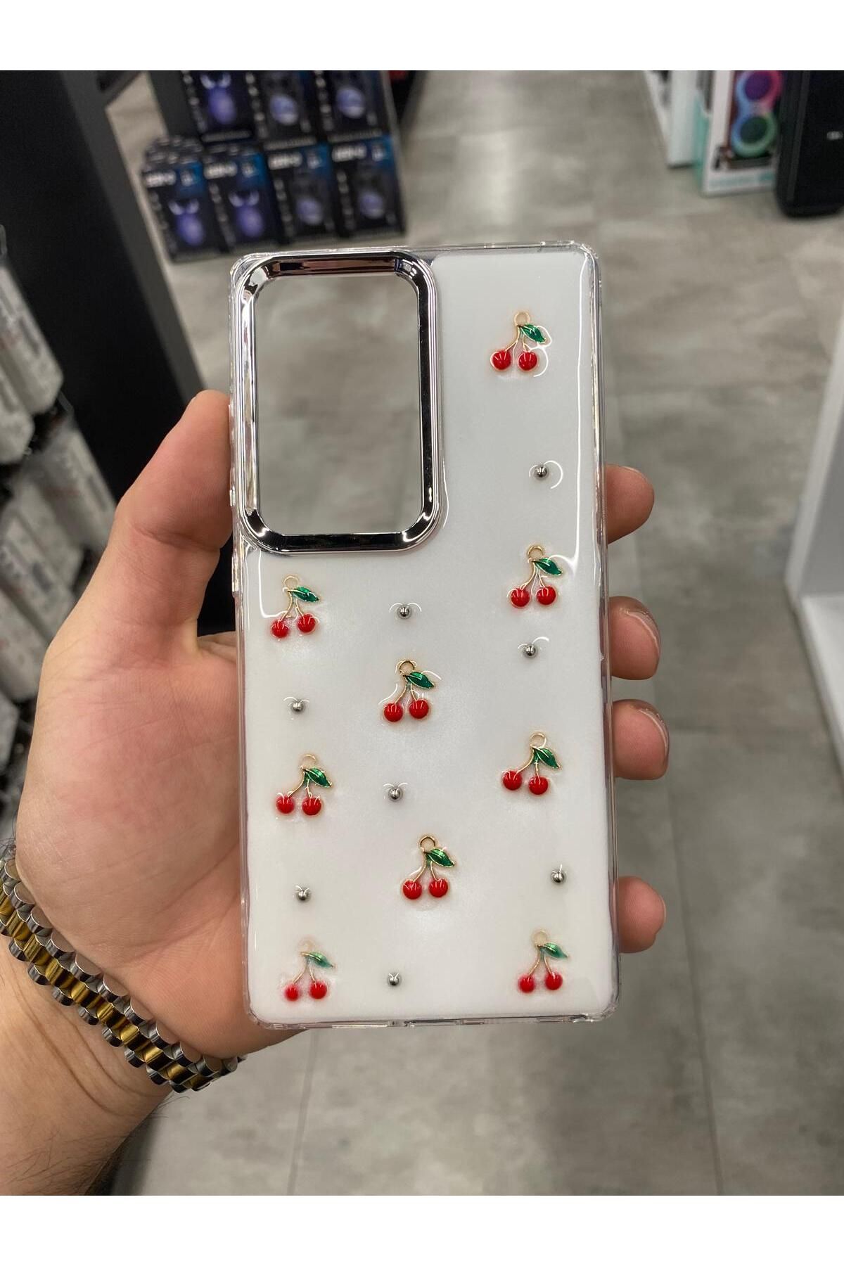 Posso Samsung Galaxy S25 Ultra Kılıf Kiraz Desenli Köşeleri Darbe Emici Kabartmalı Lüx Şık Sevimli Kapak
