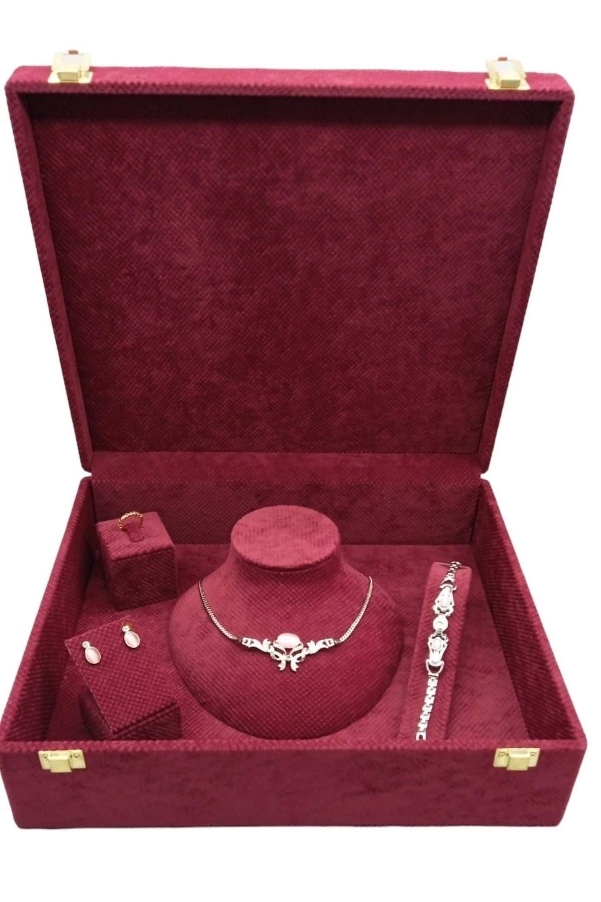 MeGass Dekor Keten Kumaş Bordo Renk 35/30/10 cm Takı Sergileme Saklama Kutusu