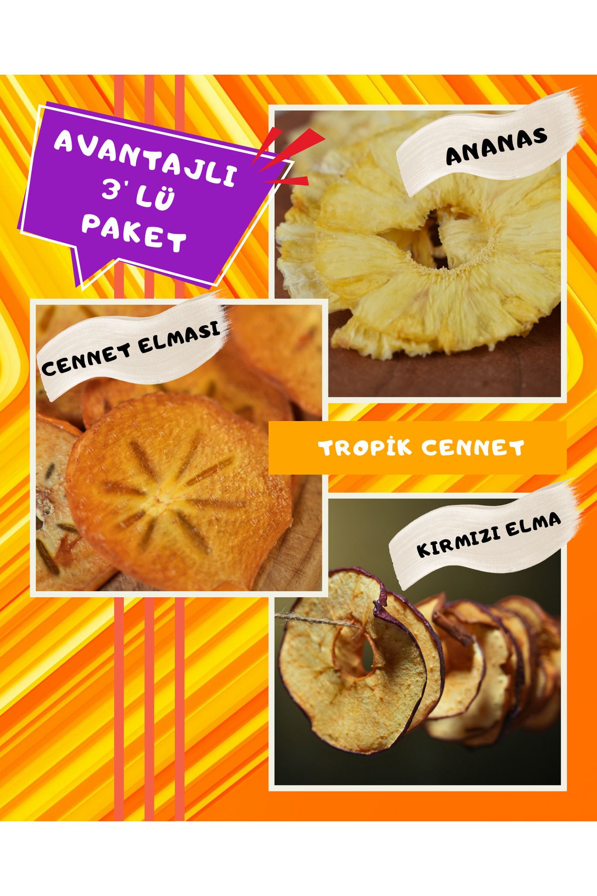 same food Ananas Cennet Elması Kırmızı Elma 3'lü Kurutulmuş Meyve Paketi - Katkısız, Şekersiz