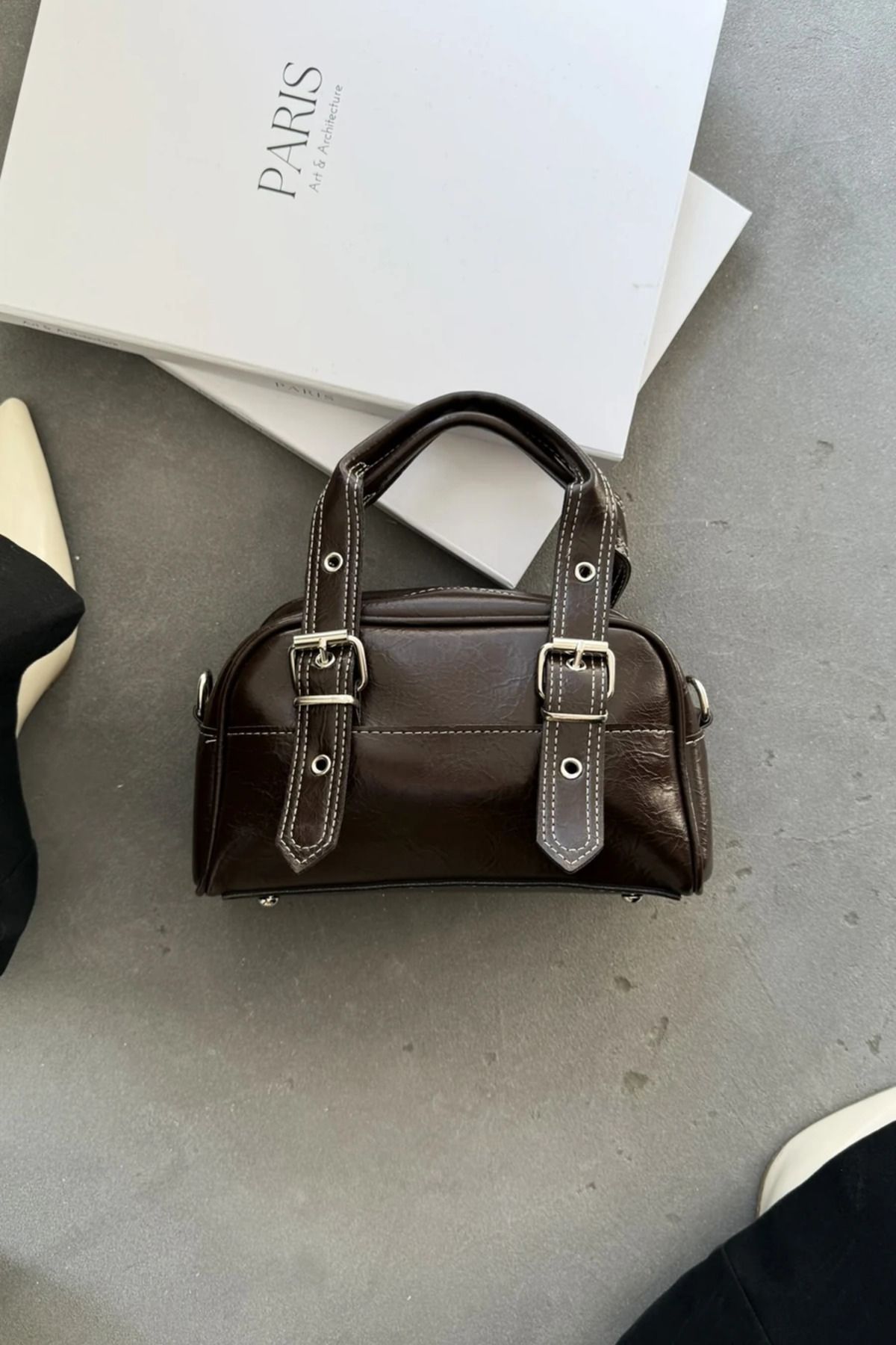 Melos Butik Kadın Acı Kahve Çift Kemer Detaylı Deri El Ve Omuz Çantası