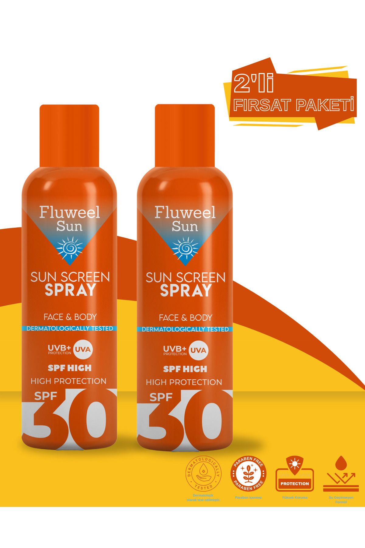Fluweel Aerosol Sun Screen Güneş Koruyucu Transparan Sprey 30 Spf 200 ml 2'li Paket