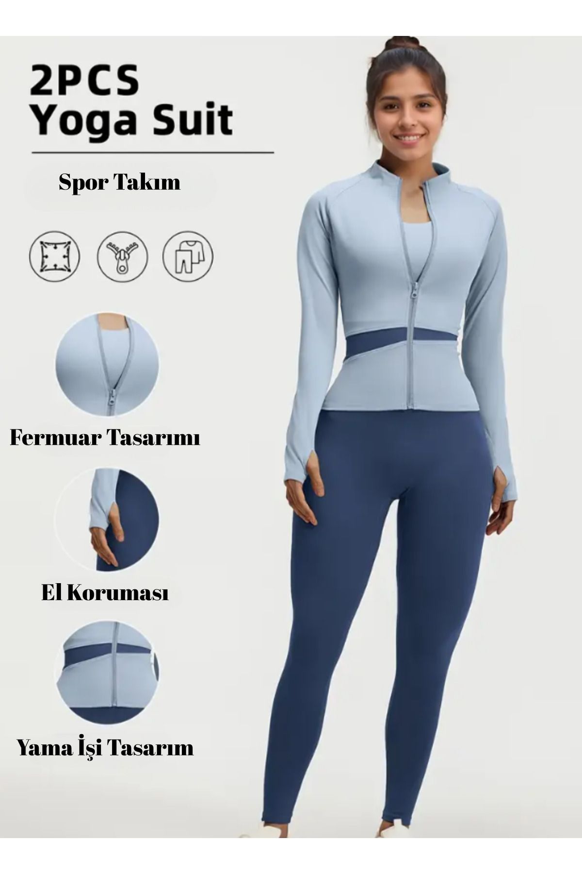 BUSYET İki Parça Kadın Spor Takımı Mavi Atletik Üst ve Yüksek Bel Tayt Koşu Fitness Yoga Esnek Spor Tayt