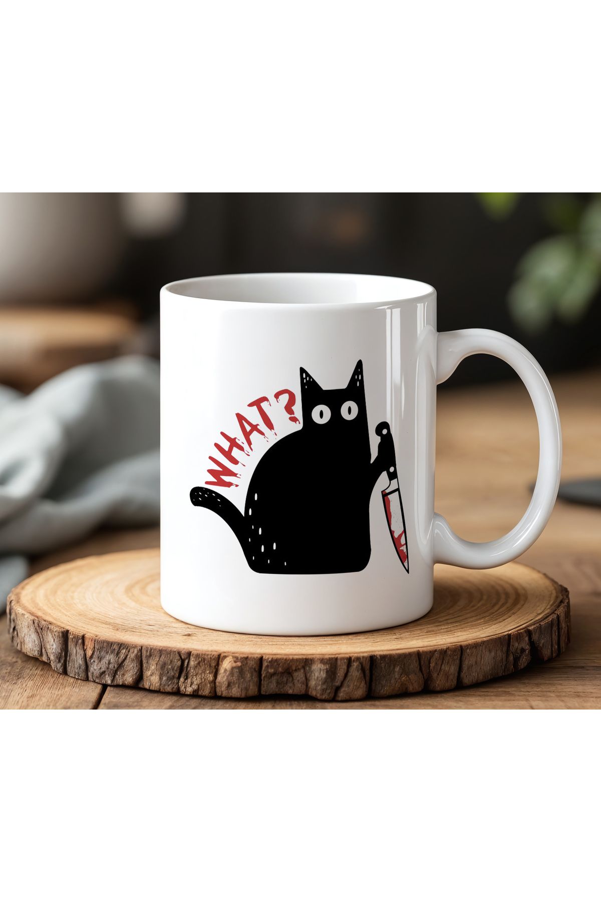 BB TRADE What ? Kedi Tasarımlı Beyaz Seramik Baskılı Kupa Bardak 330ml