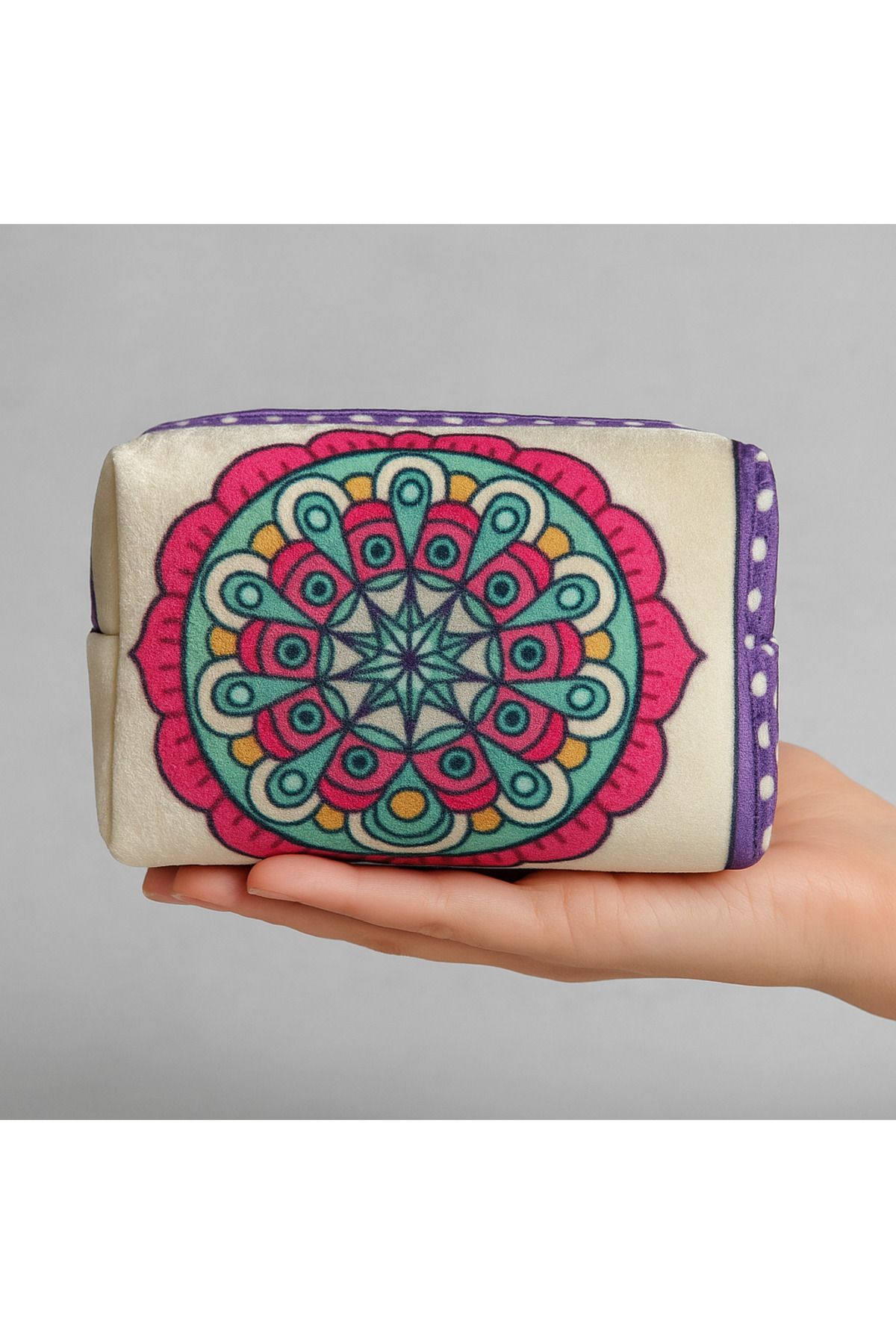YILDIZ DİJİTAL HOME Mandala Desenli Kadife Makyaj Çantası | Sünger Destekli Fermuarlı Organizer | Star Home’s 15 cm