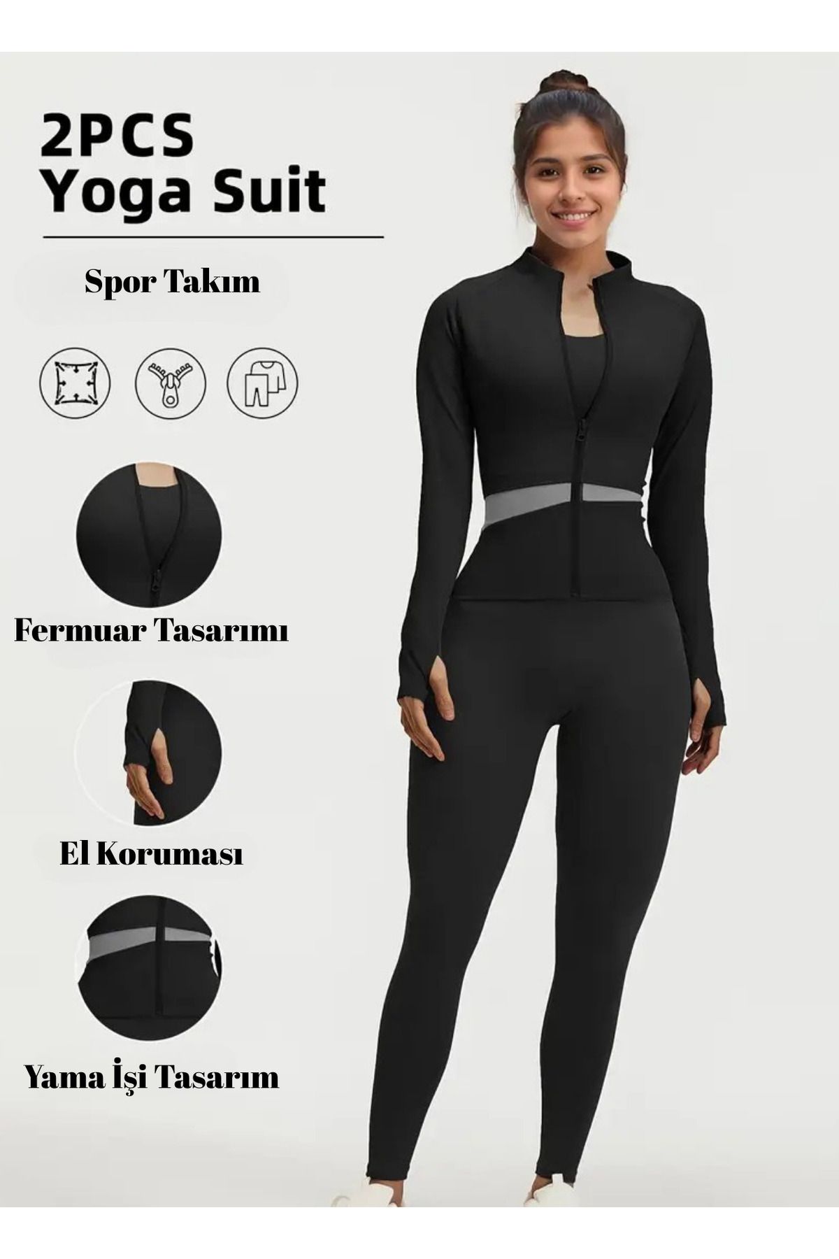 BUSYET İki Parça Kadın Spor Takımı Siyah Atletik Üst ve Yüksek Bel Tayt Koşu Fitness Yoga Esnek Spor Tayt