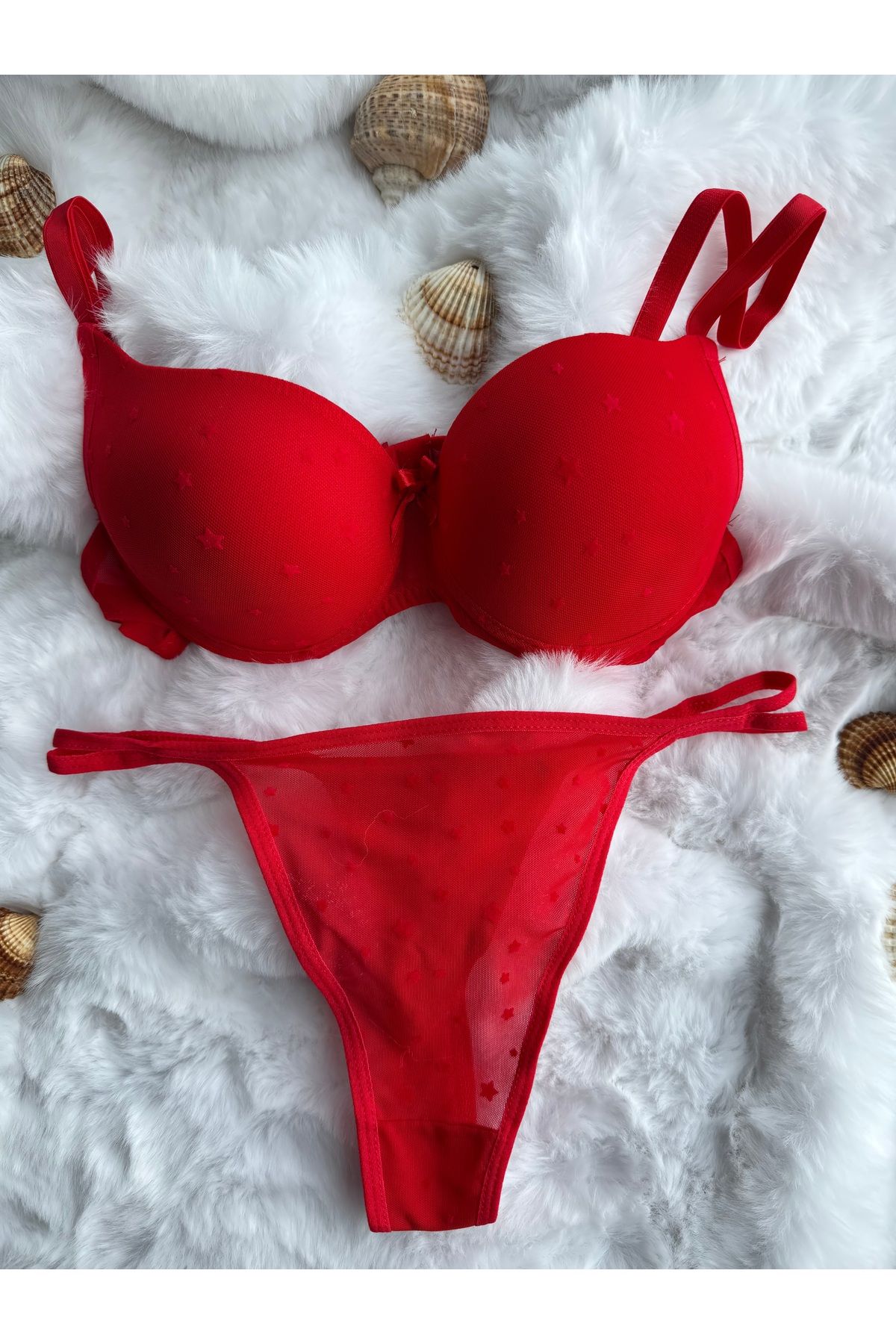 Nuzabi Red Star Balenli Push-Up Kırmızı Kadın Sütyen Tanga Takım
