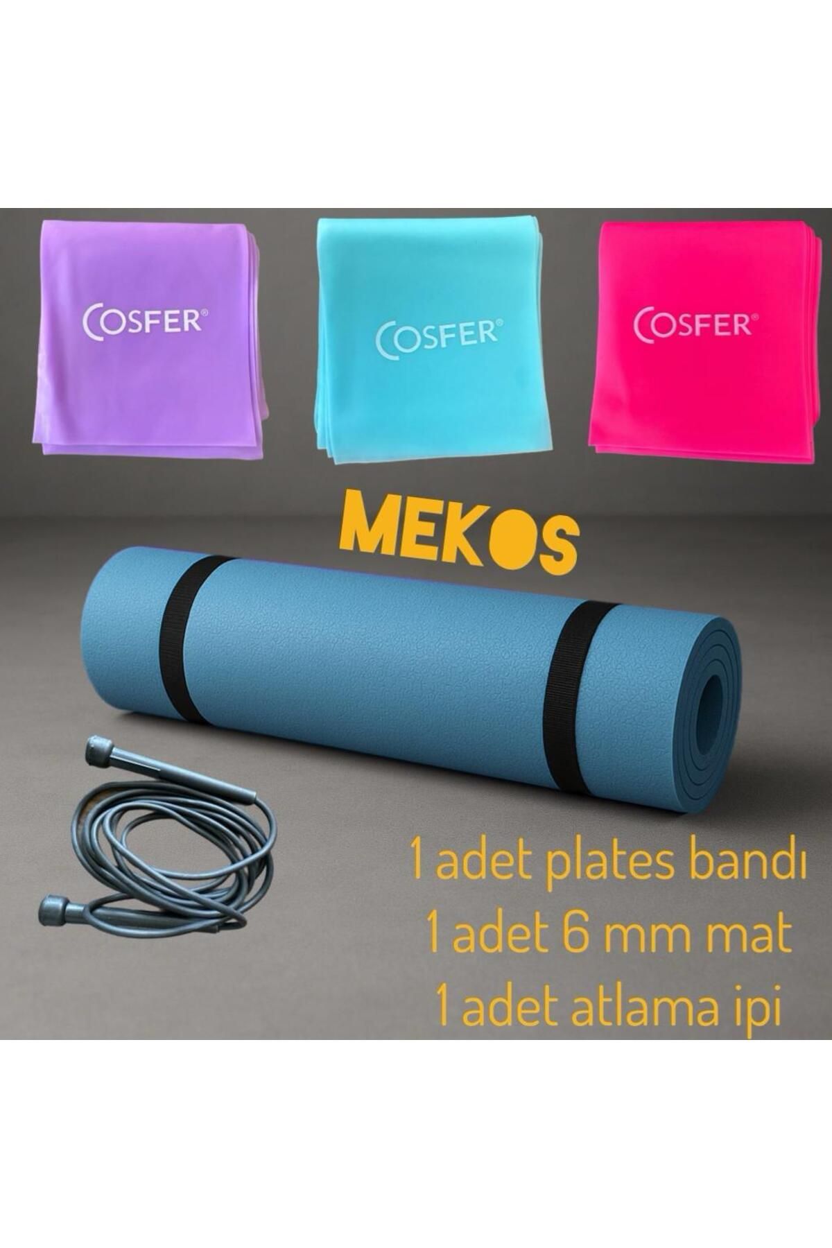 MEKOS PİLATES SETİ 3'lü Set 1 adet 6mm Pilates Yoga Minderi Matı - 1 adet Plates Bandı ve Atlama ipi
