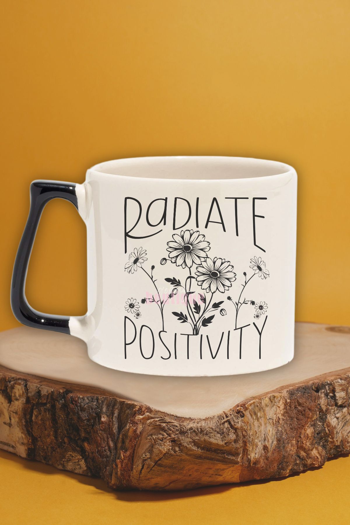 qoeuyl boutique "Radiate positivity" Pozitiflik Yay Arkadaşa Sevgiliye Doğum Günü Hediye Siyah Kulplu Kupa Bardak